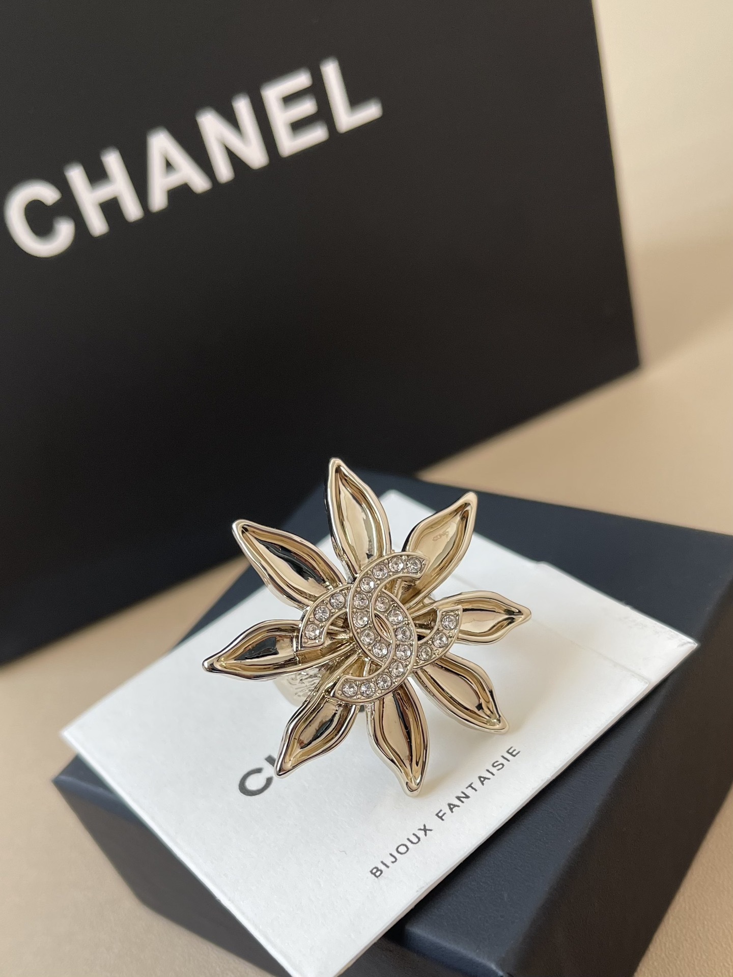 Chanel Crystal Flower Statement Ring - Elegant Gold-Tone Jewelry