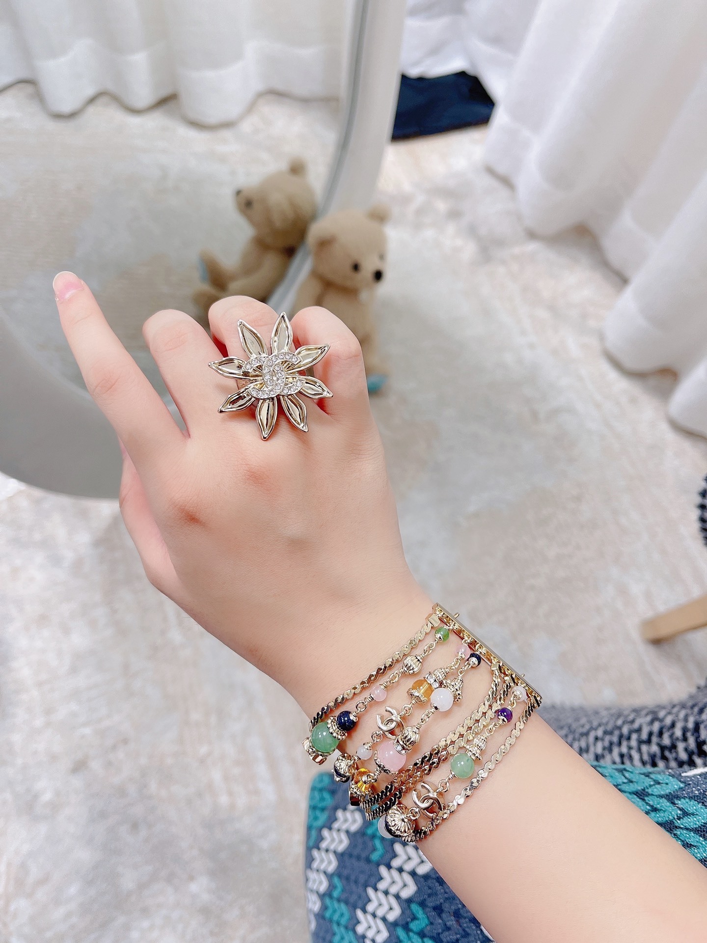 Chanel Crystal Flower Statement Ring - Elegant Gold-Tone Jewelry