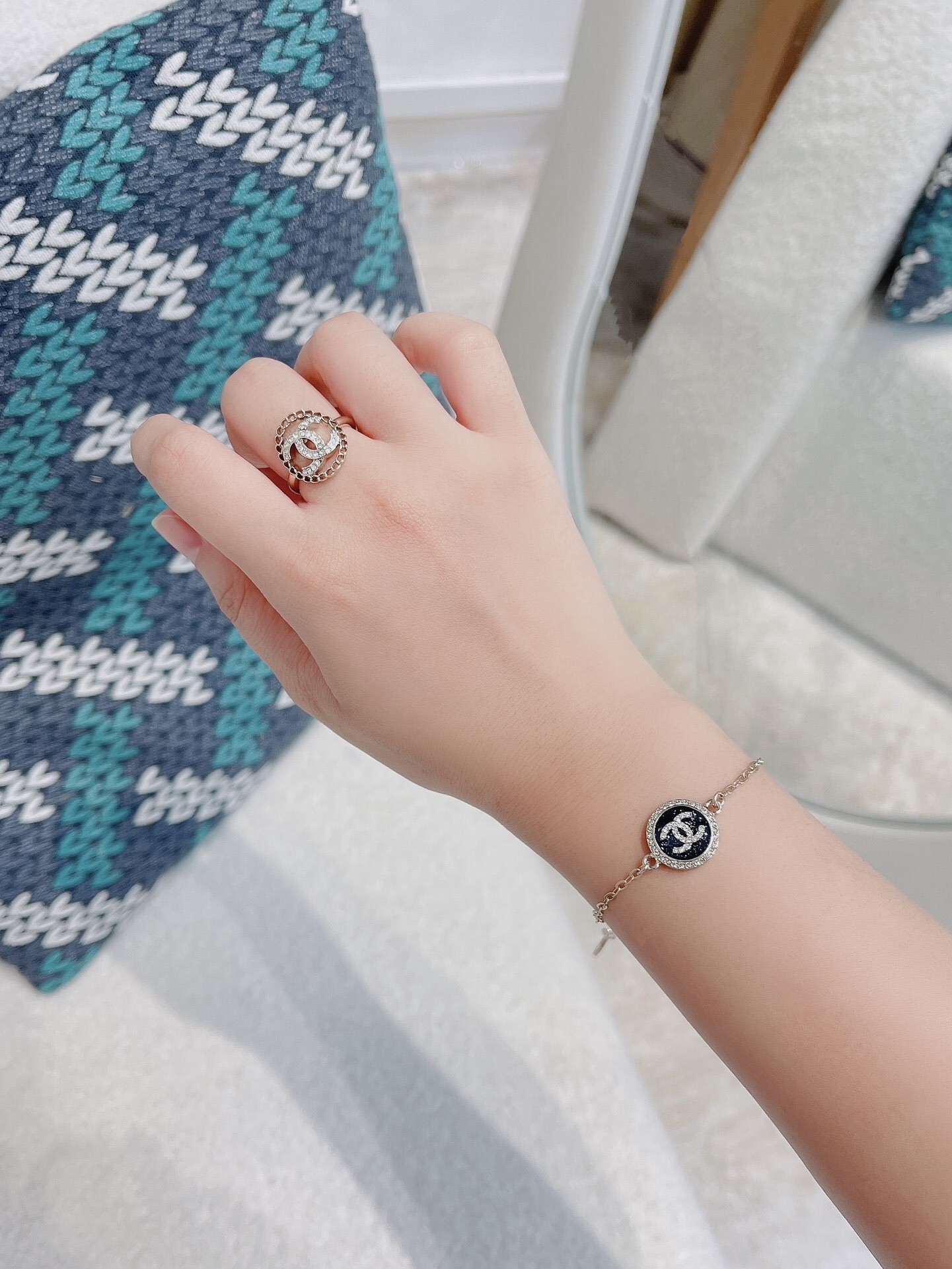 Chanel CC Logo Crystal Ring with Chain Border - Elegant Luxury