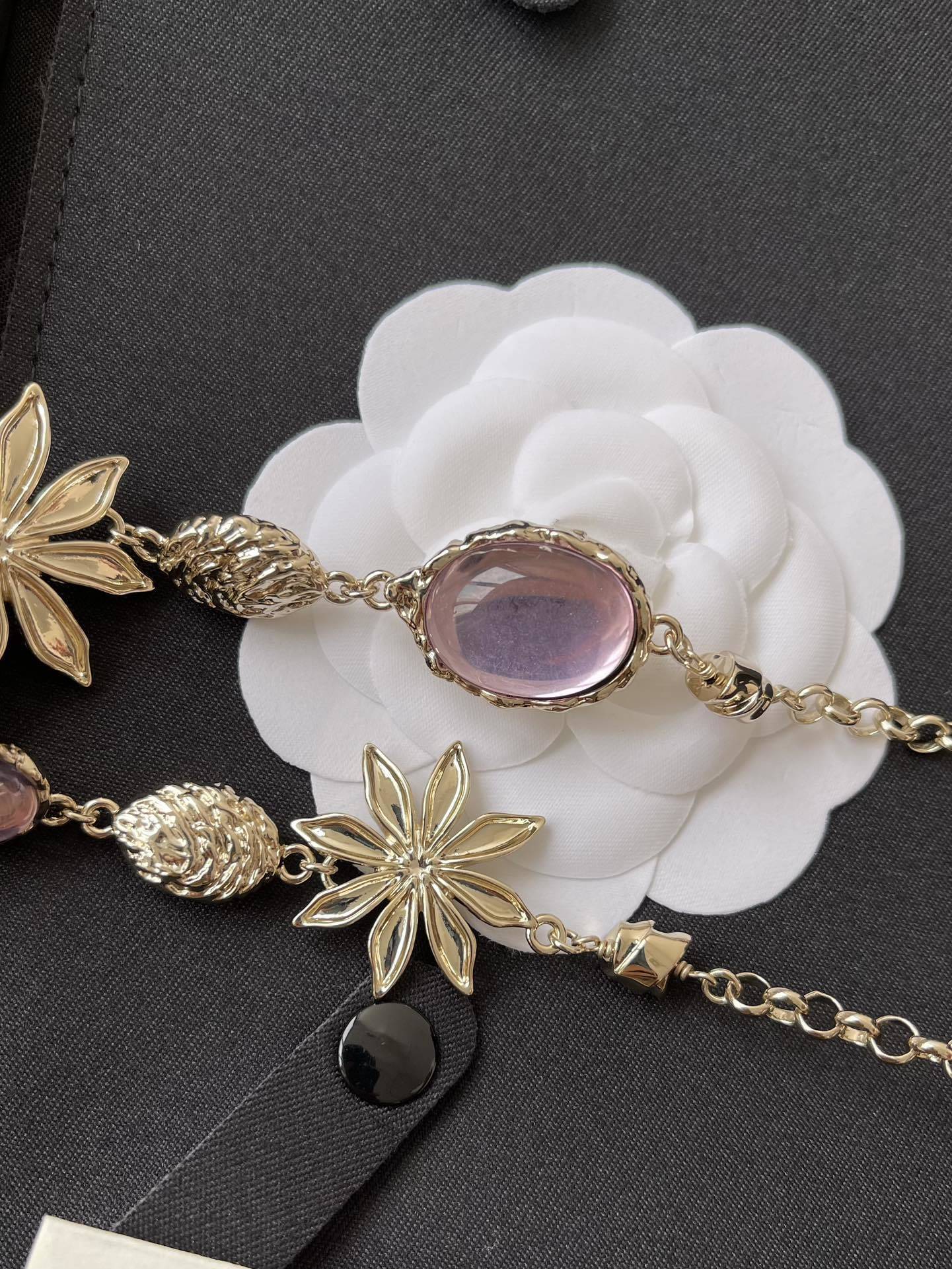 Chanel Elegant Floral Gold Chain Necklace & Waist Belt with Pink Stones