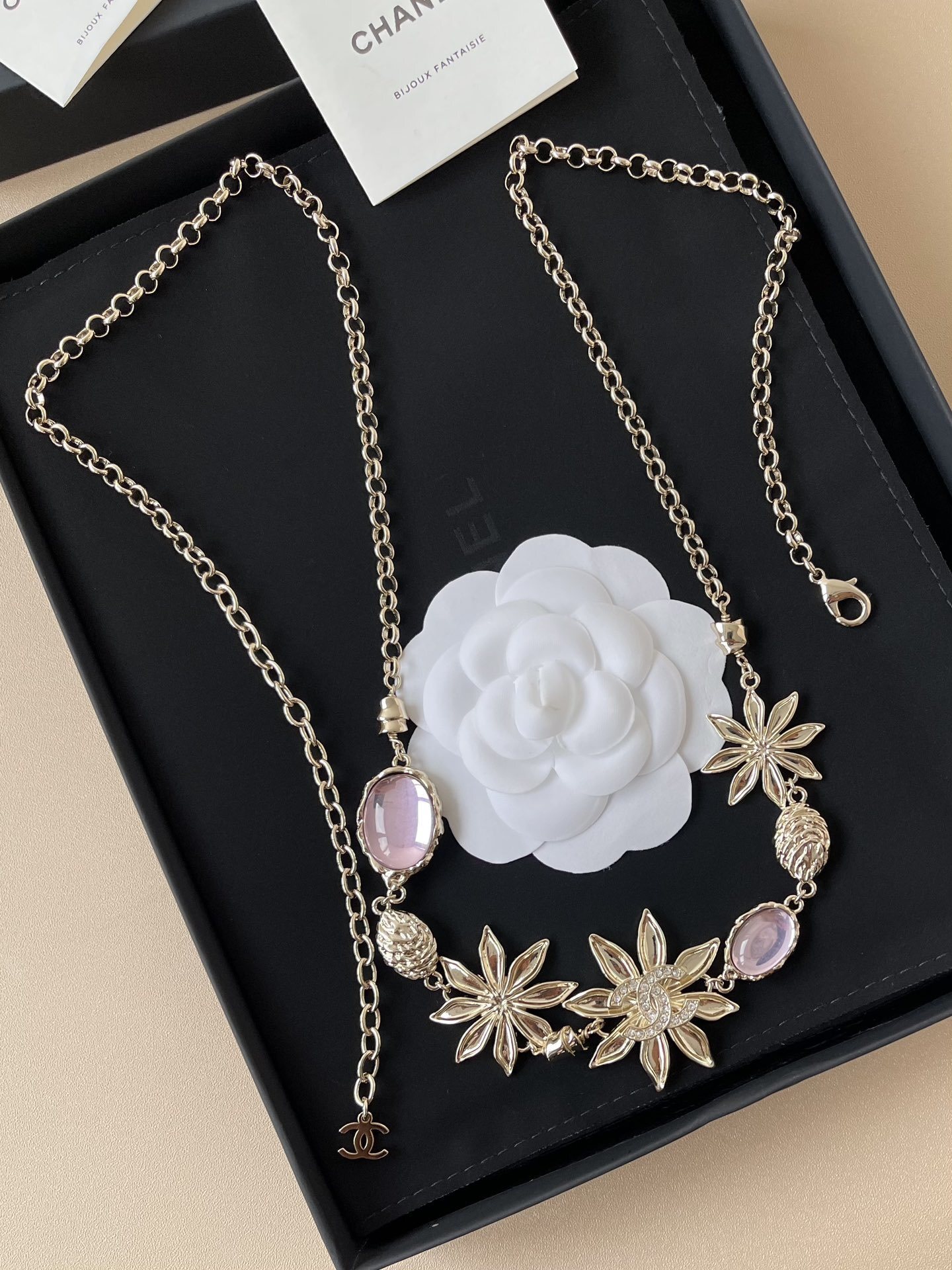 Chanel Elegant Floral Gold Chain Necklace & Waist Belt with Pink Stones