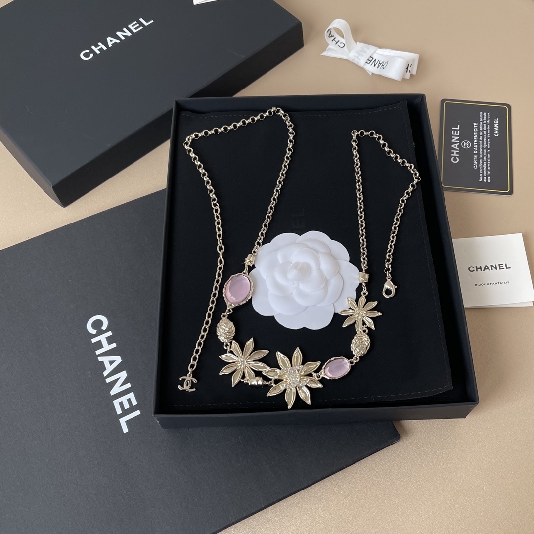 Chanel Elegant Floral Gold Chain Necklace & Waist Belt with Pink Stones