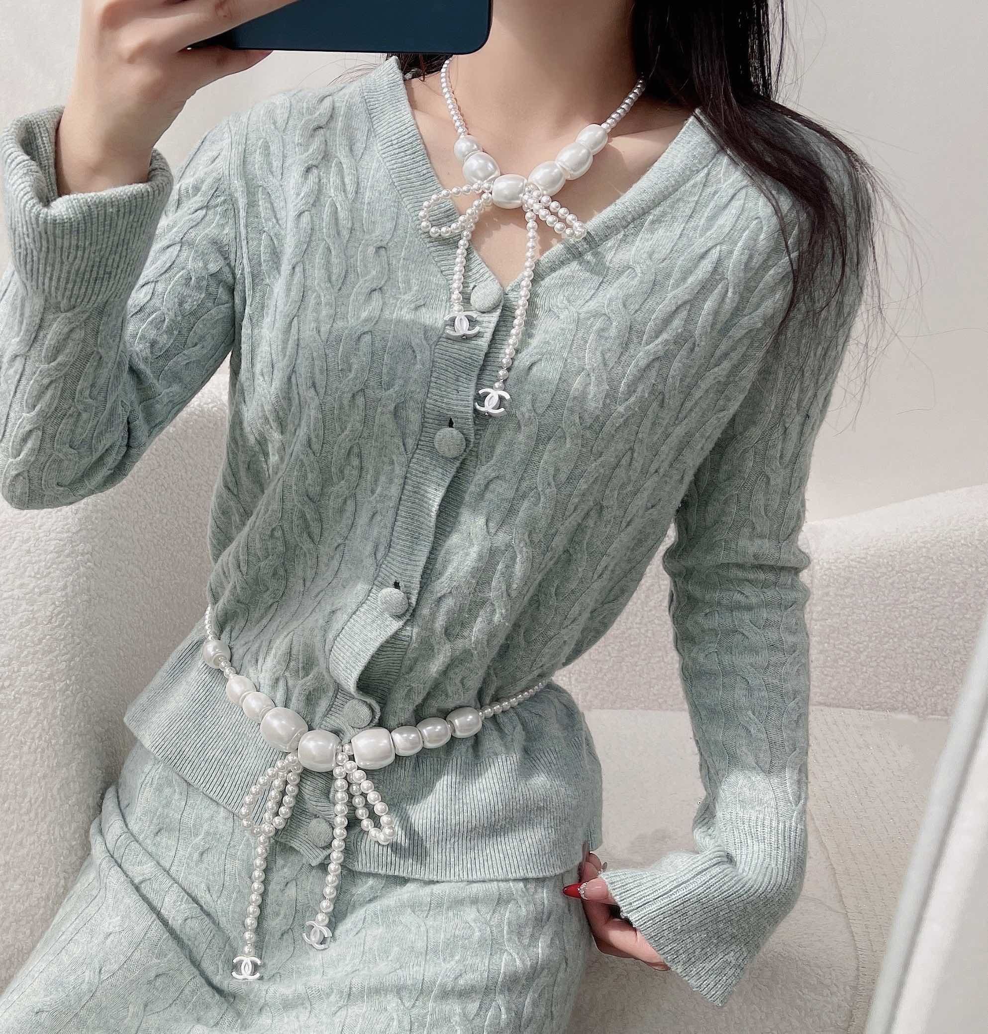 Elegant Pearl Bow Necklace & Waist Belt with Camellia Flower