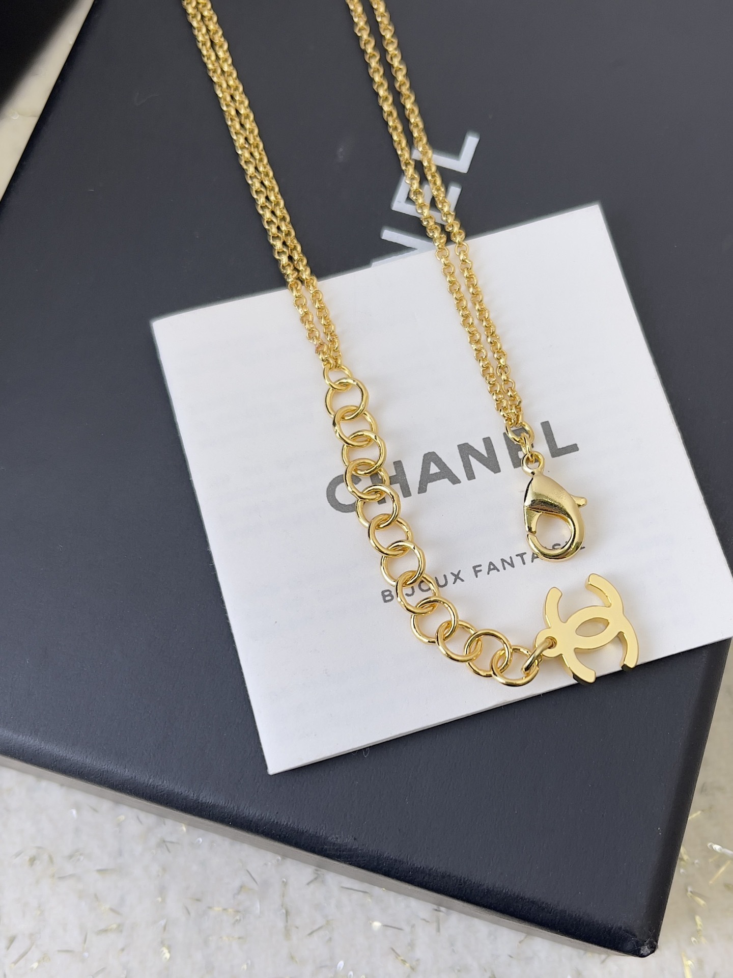 Chanel Gold CC Logo Double Chain Bracelet with Black Enamel Charm