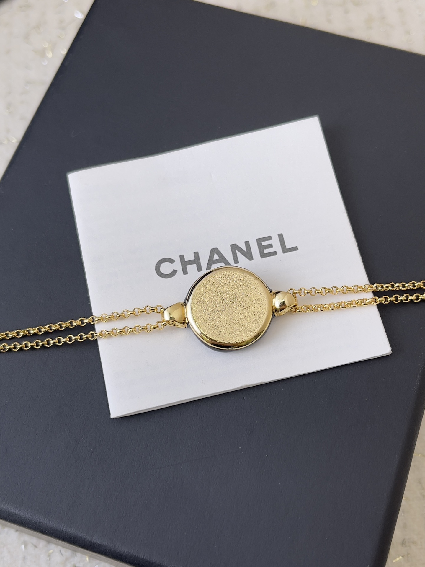 Chanel Gold CC Logo Double Chain Bracelet with Black Enamel Charm