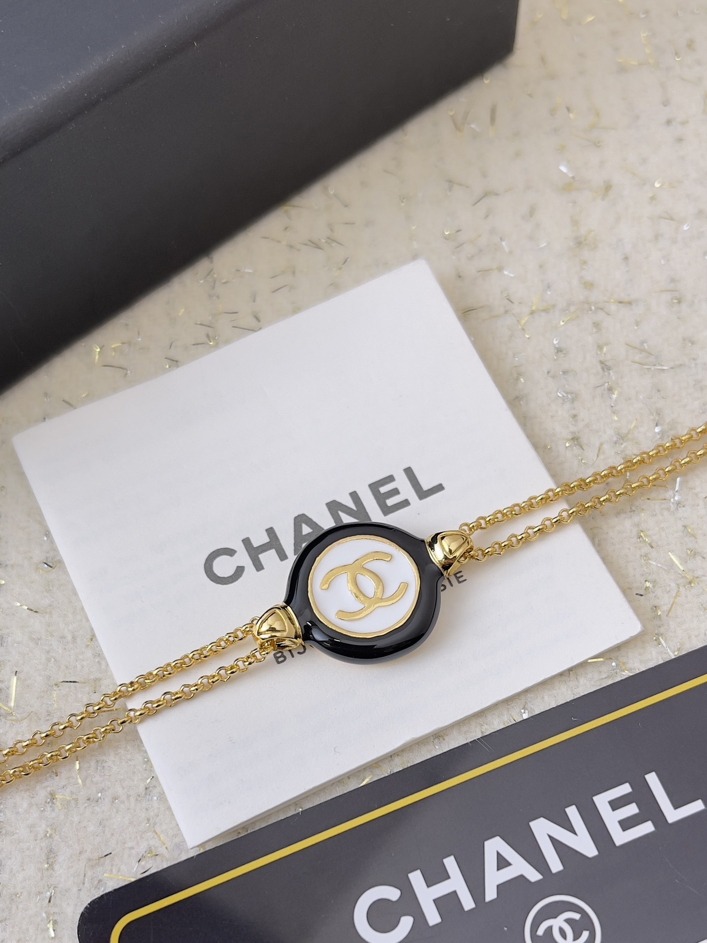 Chanel Gold CC Logo Double Chain Bracelet with Black Enamel Charm
