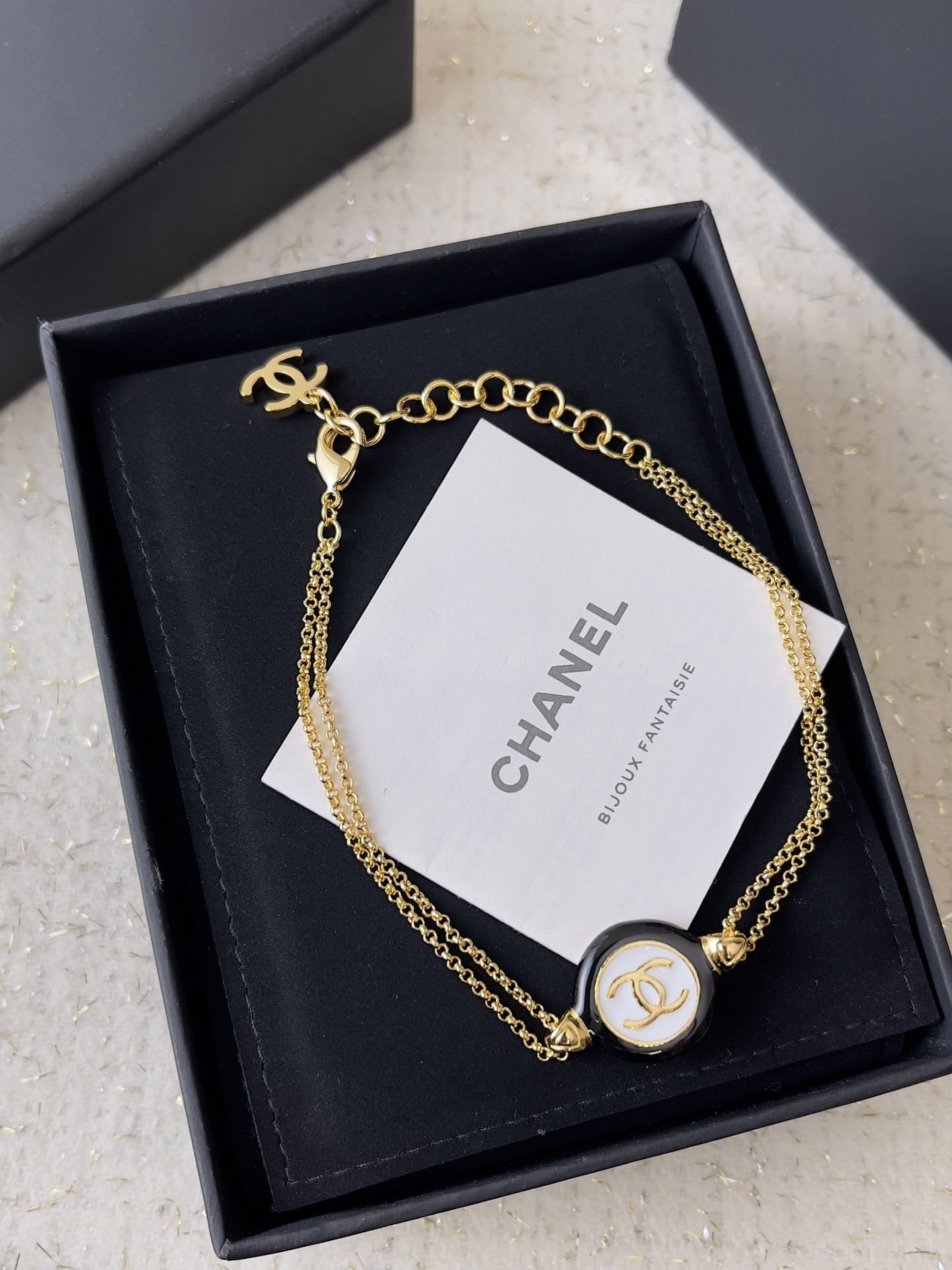 Chanel Gold CC Logo Double Chain Bracelet with Black Enamel Charm