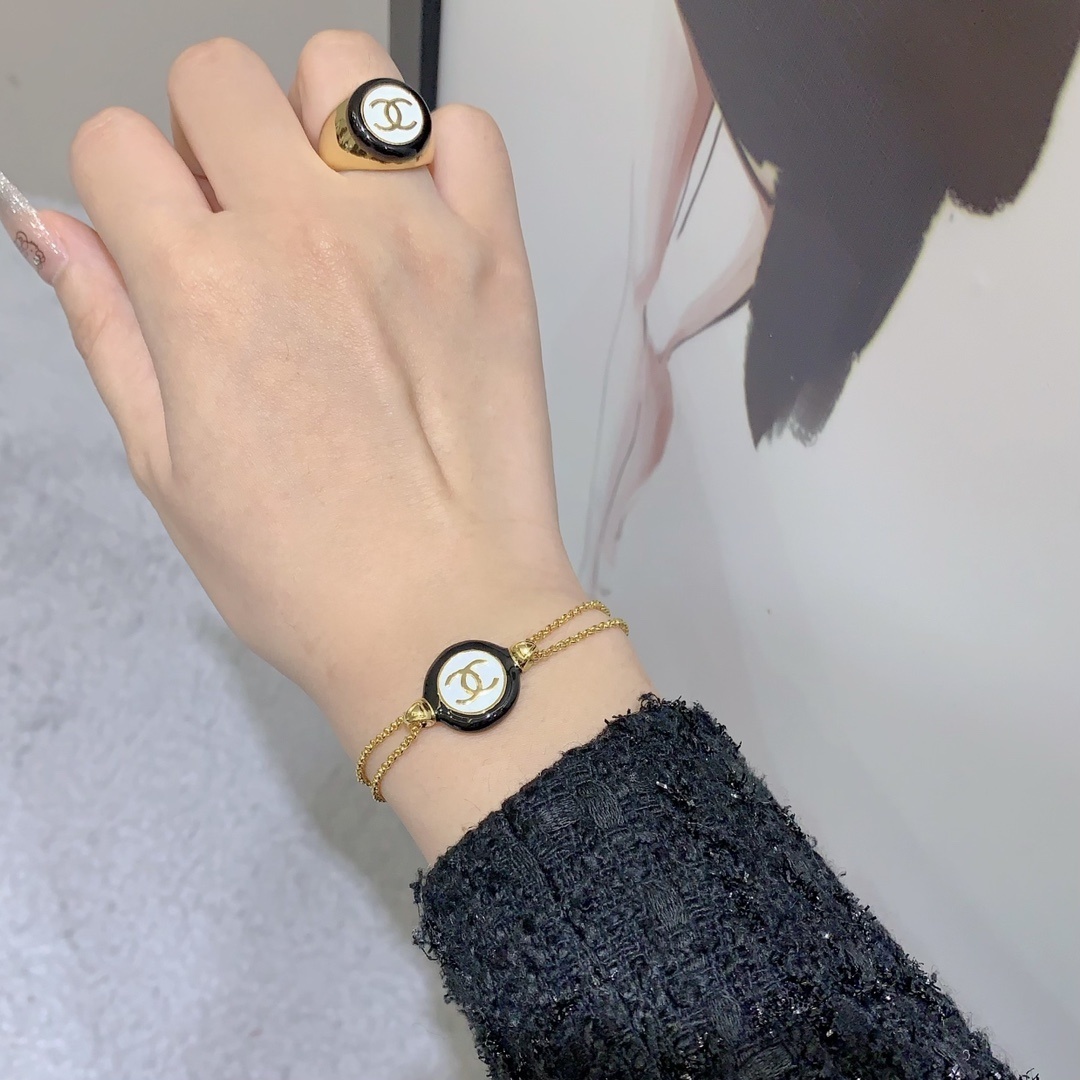 Chanel Gold CC Logo Double Chain Bracelet with Black Enamel Charm