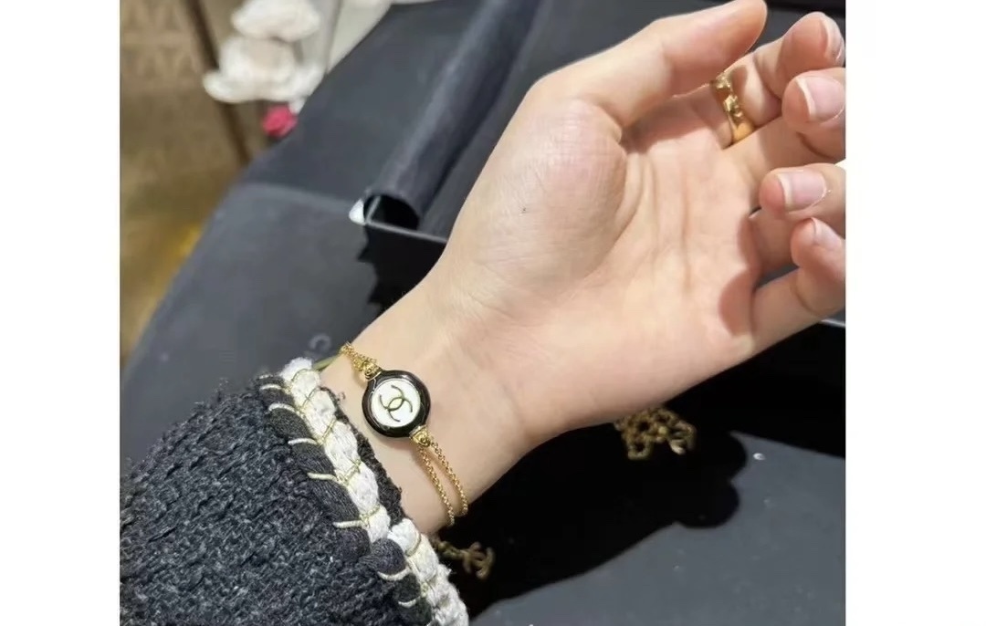 Chanel Gold CC Logo Double Chain Bracelet with Black Enamel Charm