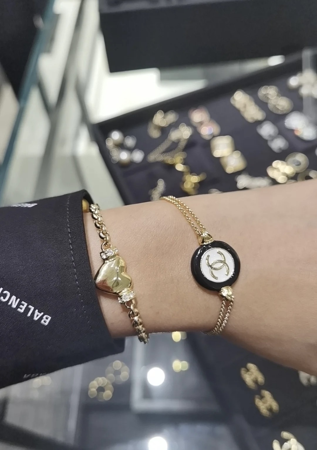 Chanel Gold CC Logo Double Chain Bracelet with Black Enamel Charm