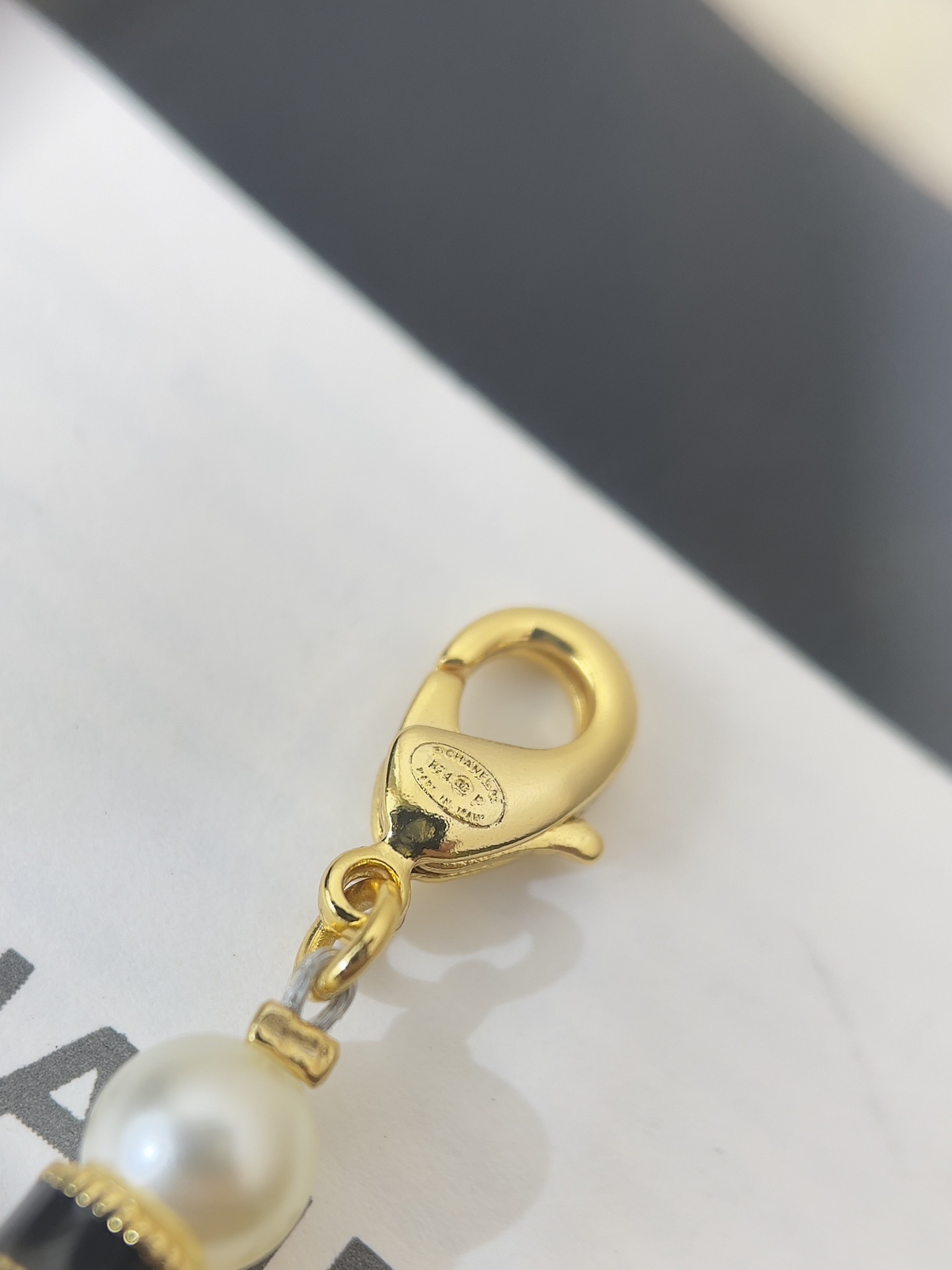 Chanel Pearl Bracelet with Black & White Enamel CC Logo - Gold Tone