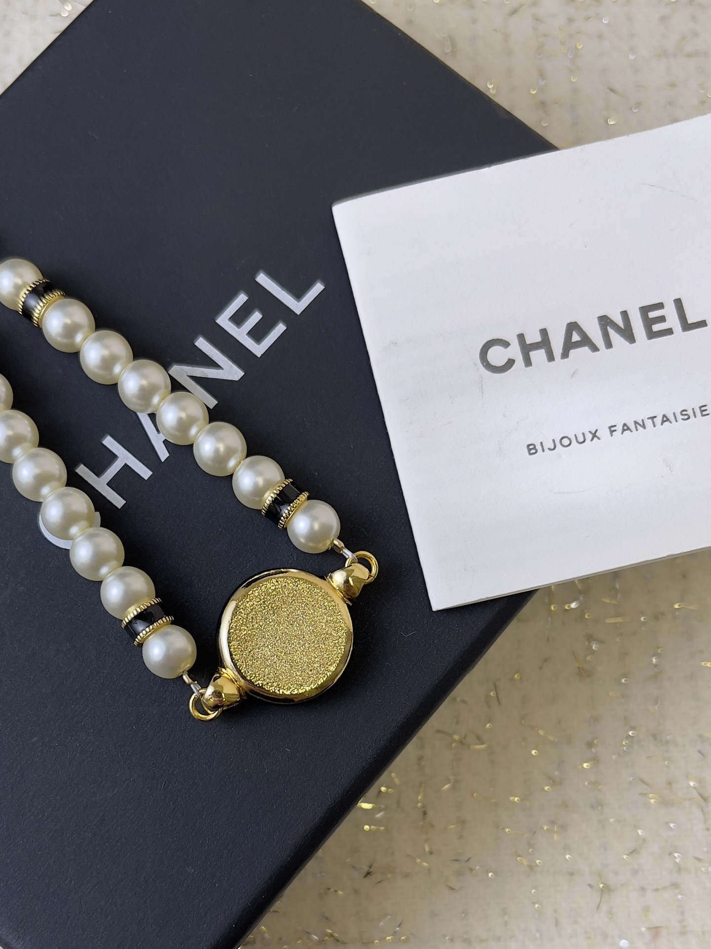 Chanel Pearl Bracelet with Black & White Enamel CC Logo - Gold Tone