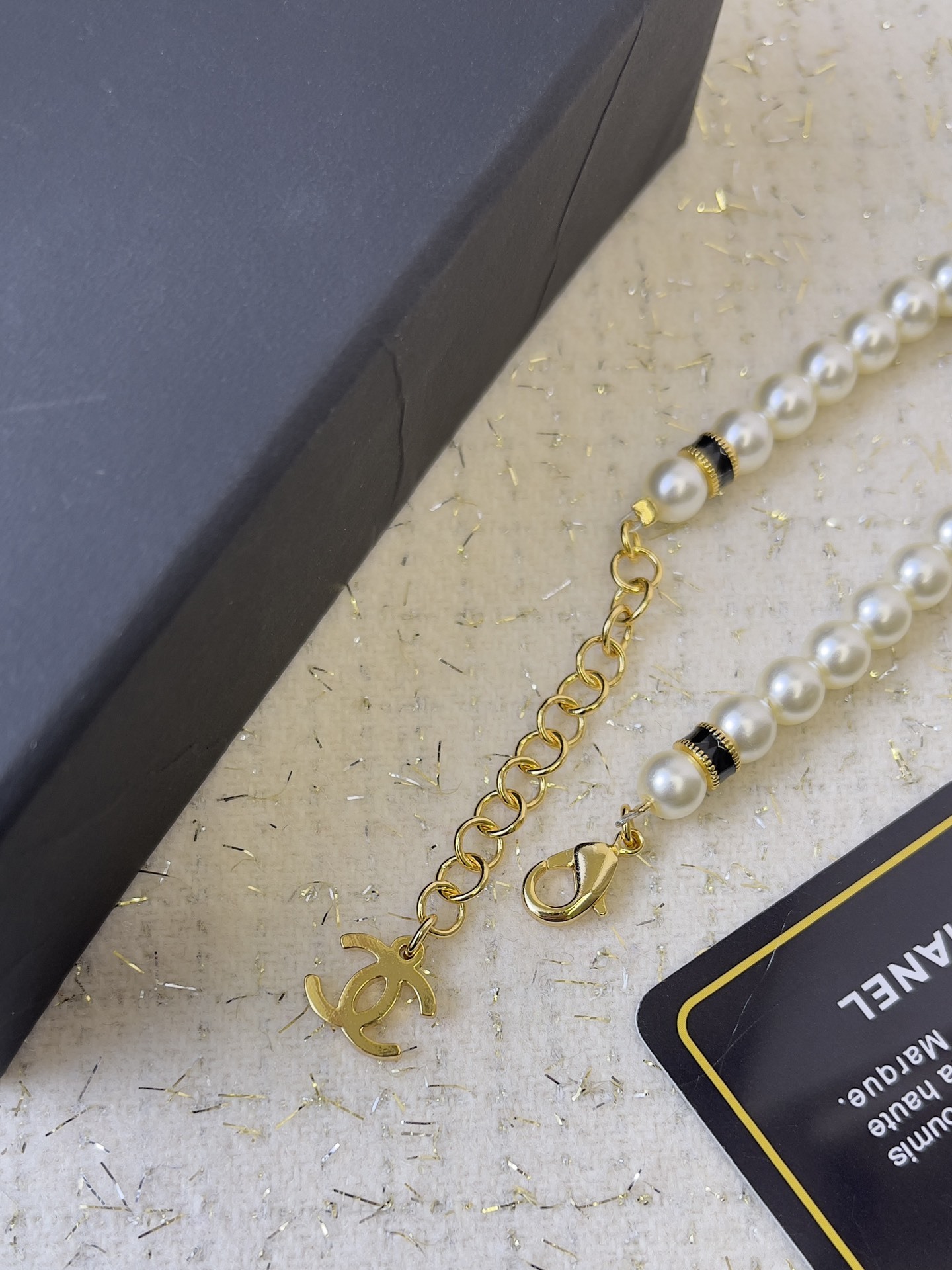 Chanel Pearl Bracelet with Black & White Enamel CC Logo - Gold Tone