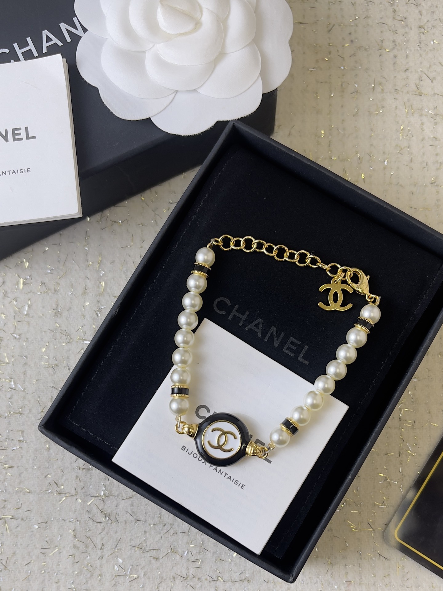 Chanel Pearl Bracelet with Black & White Enamel CC Logo - Gold Tone