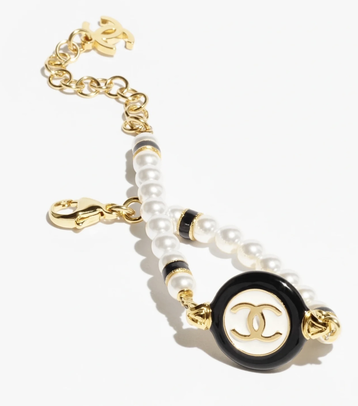 Chanel Pearl Bracelet with Black & White Enamel CC Logo - Gold Tone