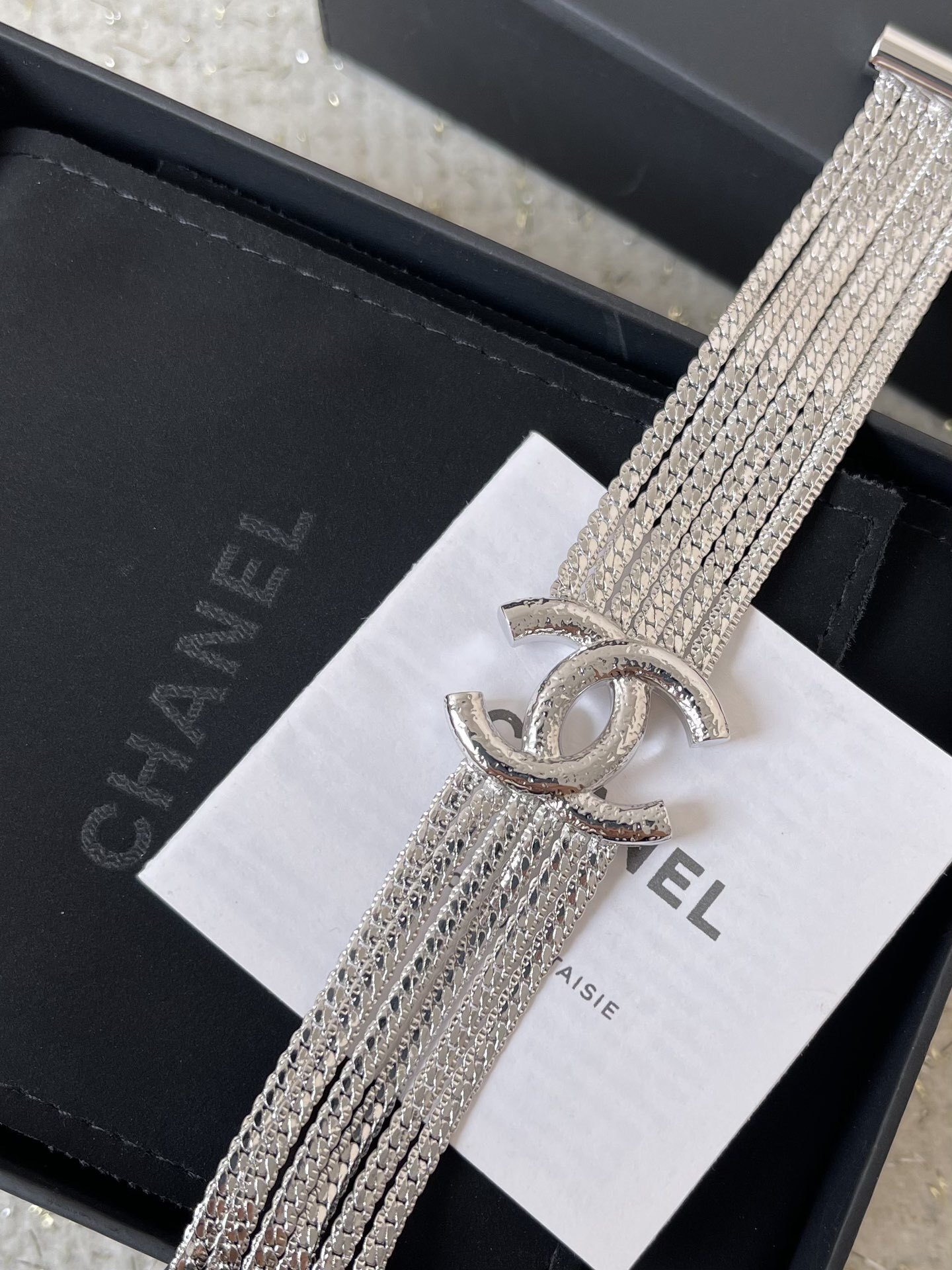 Luxury 24B Silver Multi-Strand Snake Chain Bracelet with CC Logo
