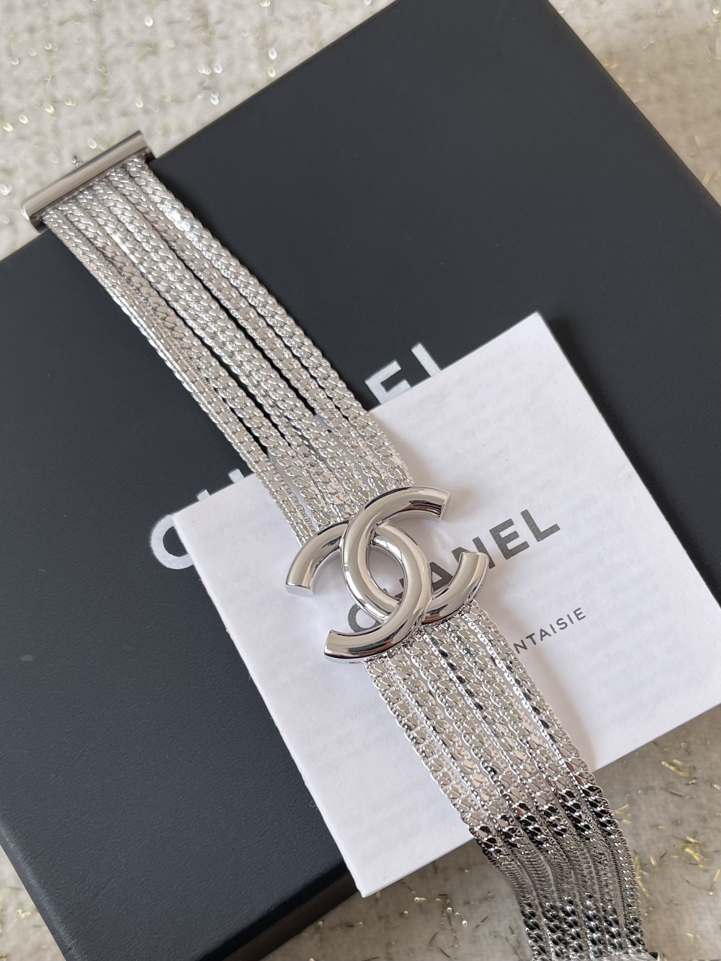 Luxury 24B Silver Multi-Strand Snake Chain Bracelet with CC Logo