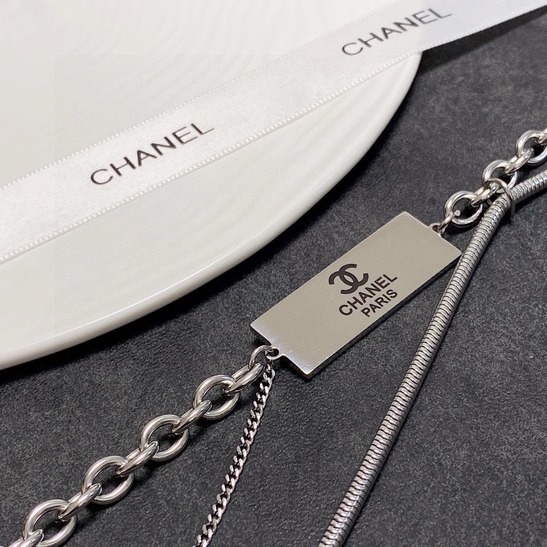 Designer Style Chanel Paris Tag Necklace - Mixed Chain Lariat