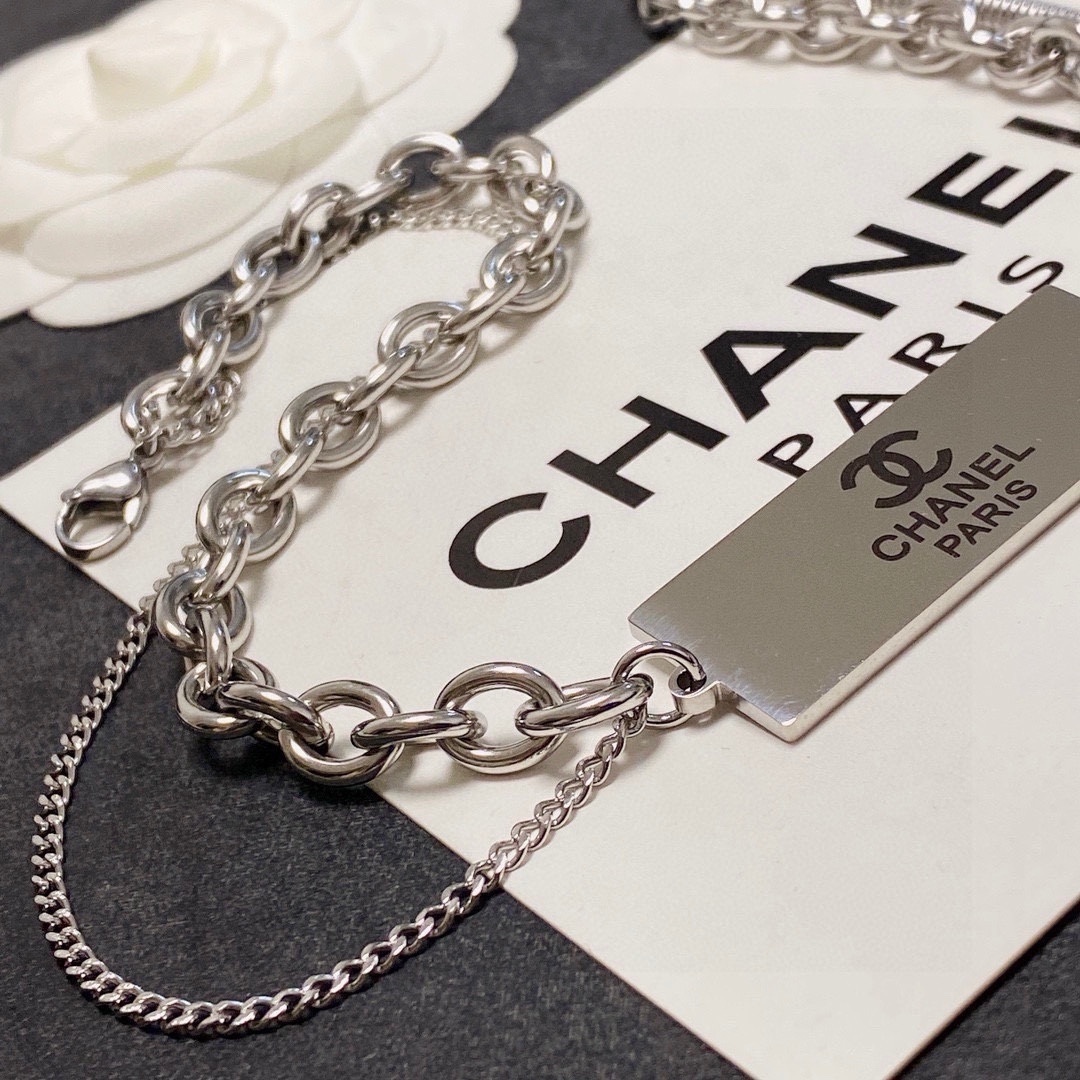 Designer Style Chanel Paris Tag Necklace - Mixed Chain Lariat