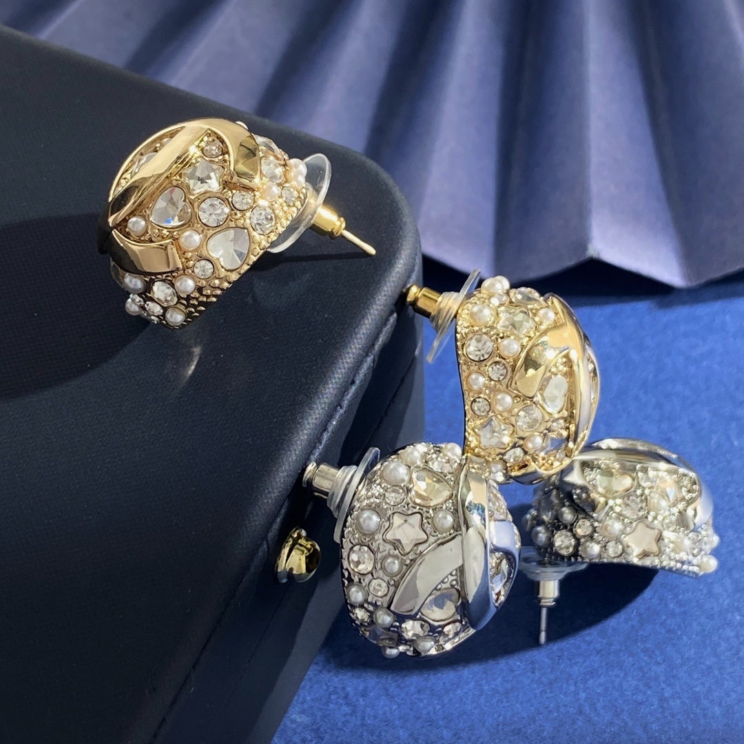 Luxury CC Logo Crystal & Pearl Ball Stud Earrings - Gold & Silver