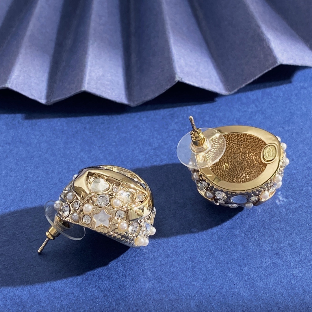 Luxury CC Logo Crystal & Pearl Ball Stud Earrings - Gold & Silver
