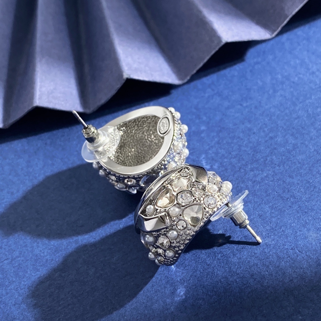 Luxury CC Logo Crystal & Pearl Ball Stud Earrings - Gold & Silver