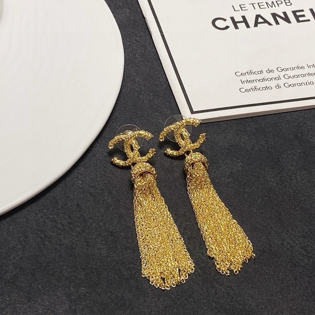 Luxury Gold Textured Double C Tassel Drop Earrings