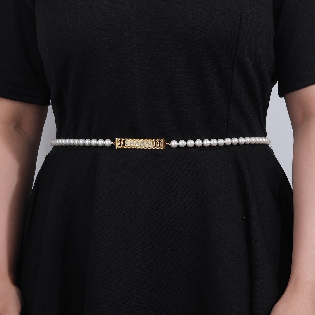 Elegant Chanel Faux Pearl Belt with Gold-Tone Crystal Logo
