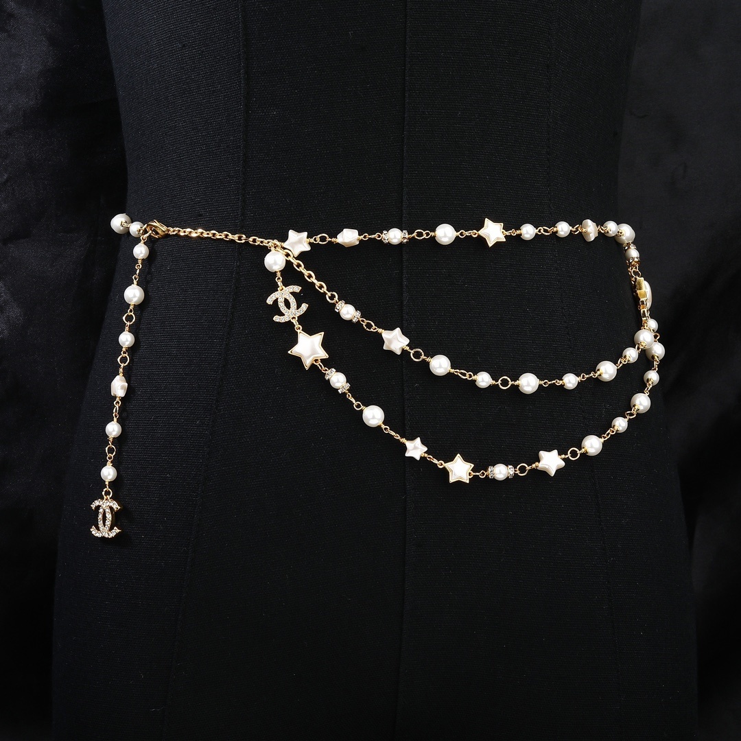 Luxury Gold Pearl and Star Chain Belt with Crystal CC Logo Charm