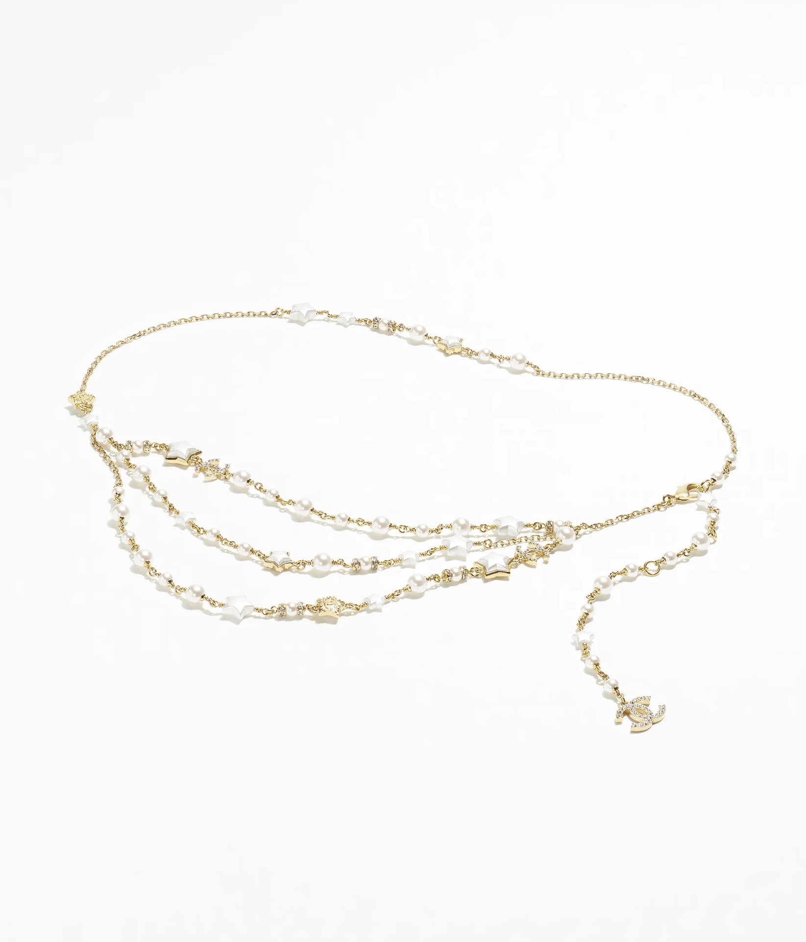 Luxury Gold Pearl and Star Chain Belt with Crystal CC Logo Charm