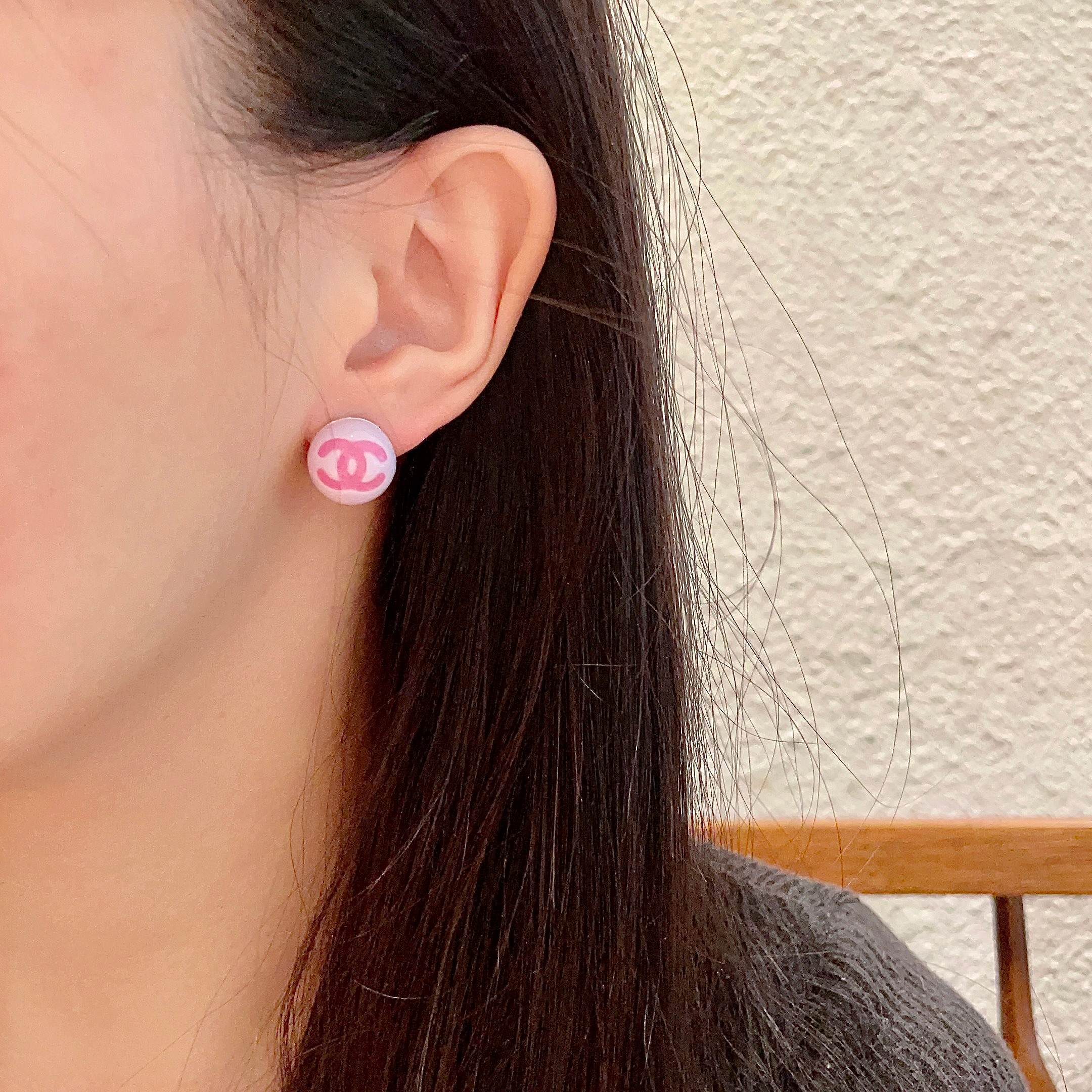 Elegant Pink Double C Logo Button Stud Earrings for Women