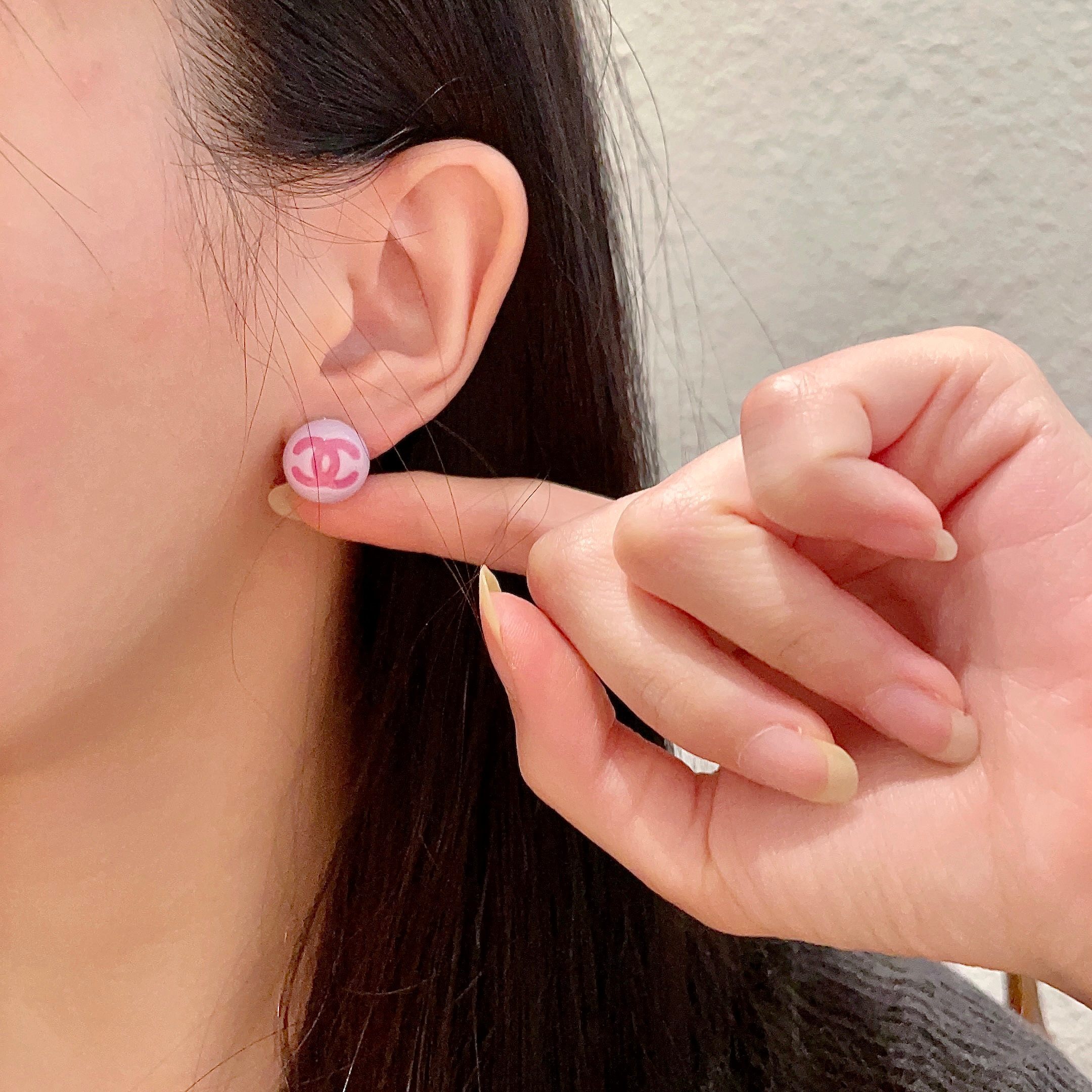 Elegant Pink Double C Logo Button Stud Earrings for Women