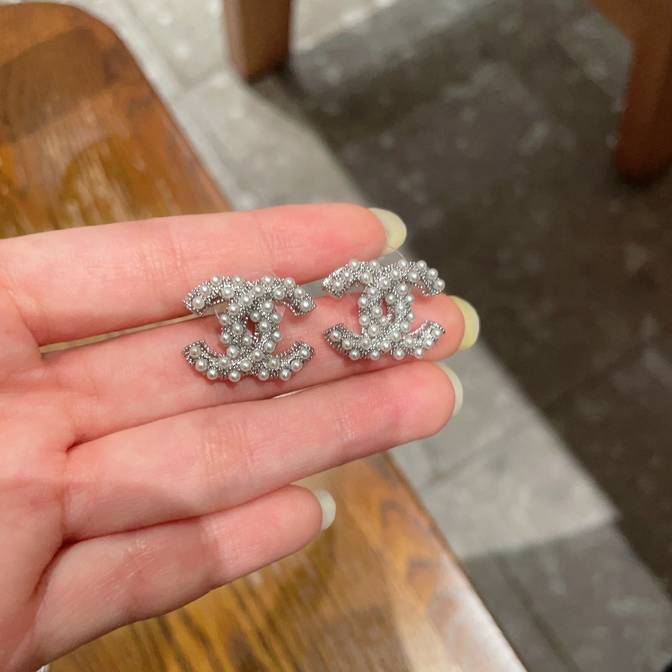 Elegant Pearl Encrusted Double C Logo Stud Earrings for Women