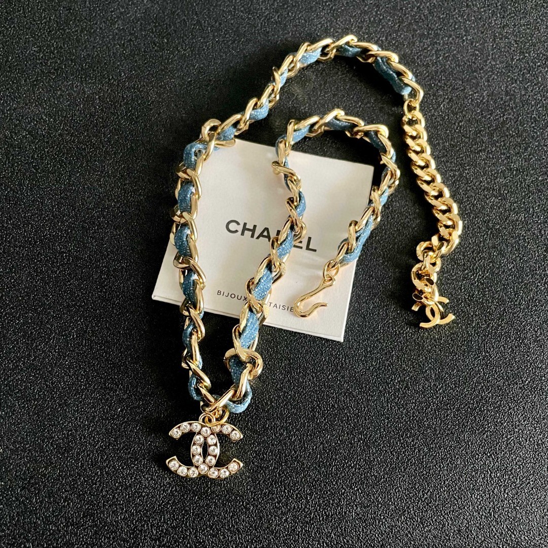 Luxury Gold Chain Denim Necklace with Crystal Logo Pendant