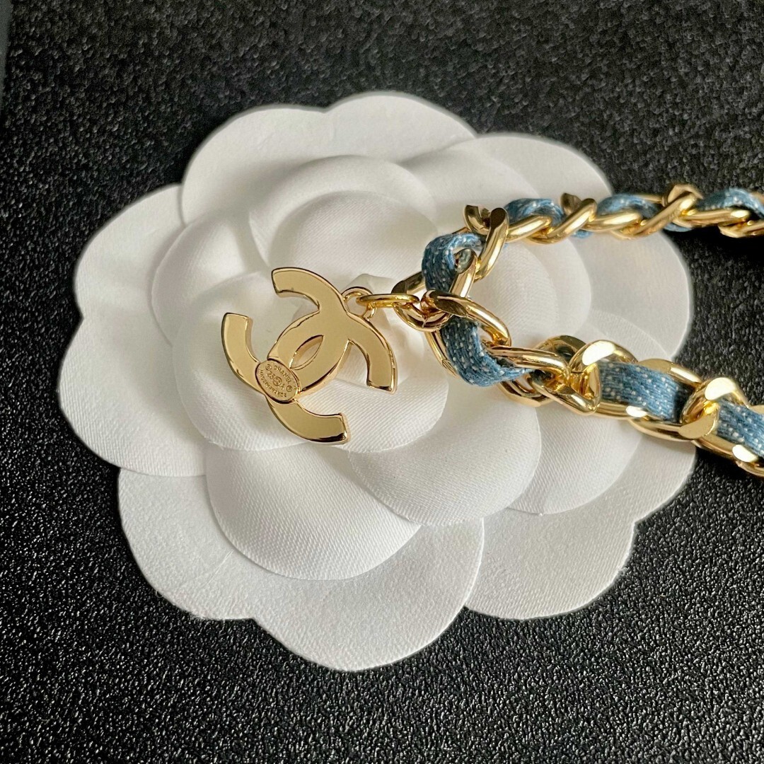 Luxury Gold Chain Denim Necklace with Crystal Logo Pendant