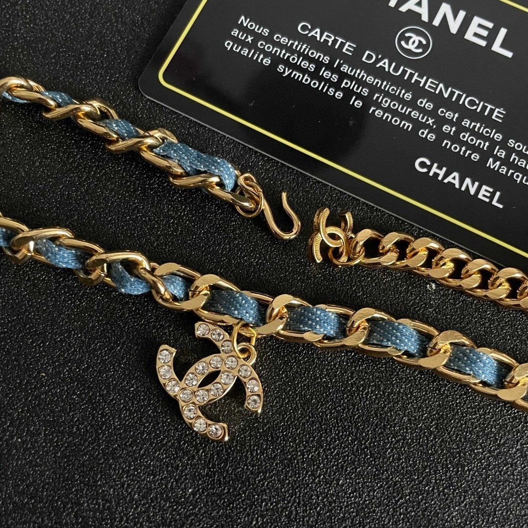 Luxury Gold Chain Denim Necklace with Crystal Logo Pendant
