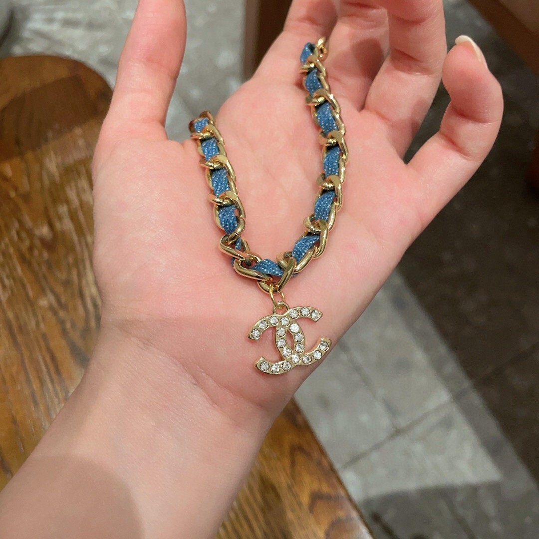 Luxury Gold Chain Denim Necklace with Crystal Logo Pendant