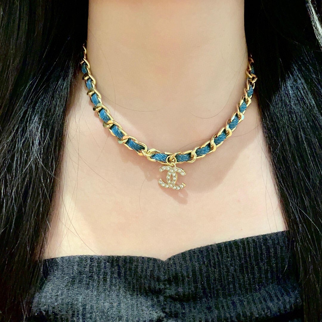 Luxury Gold Chain Denim Necklace with Crystal Logo Pendant