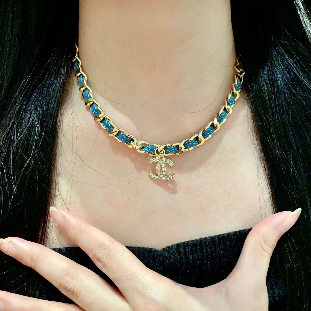 Luxury Gold Chain Denim Necklace with Crystal Logo Pendant
