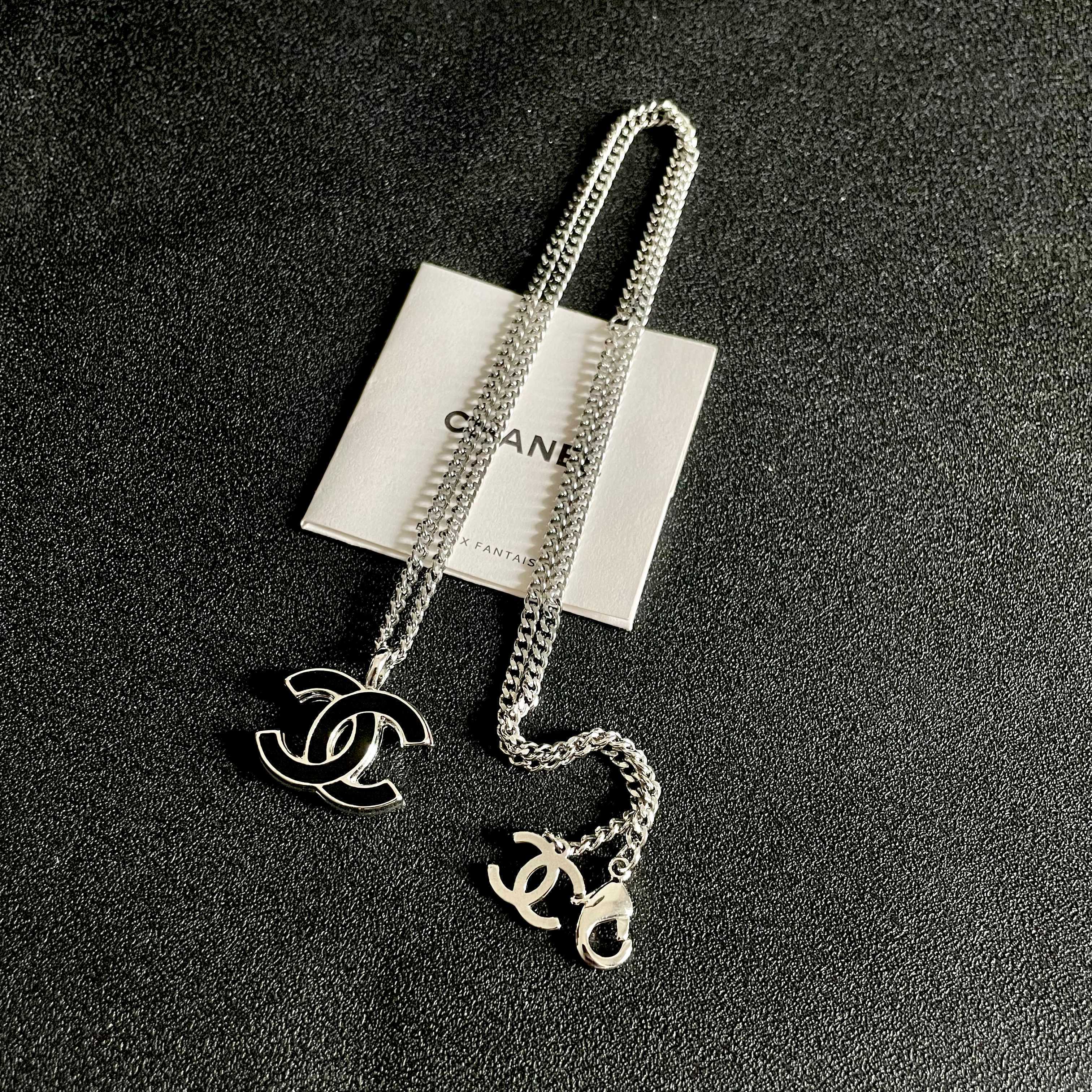 Elegant Silver CC Pendant Necklace with Black Enamel Inlay