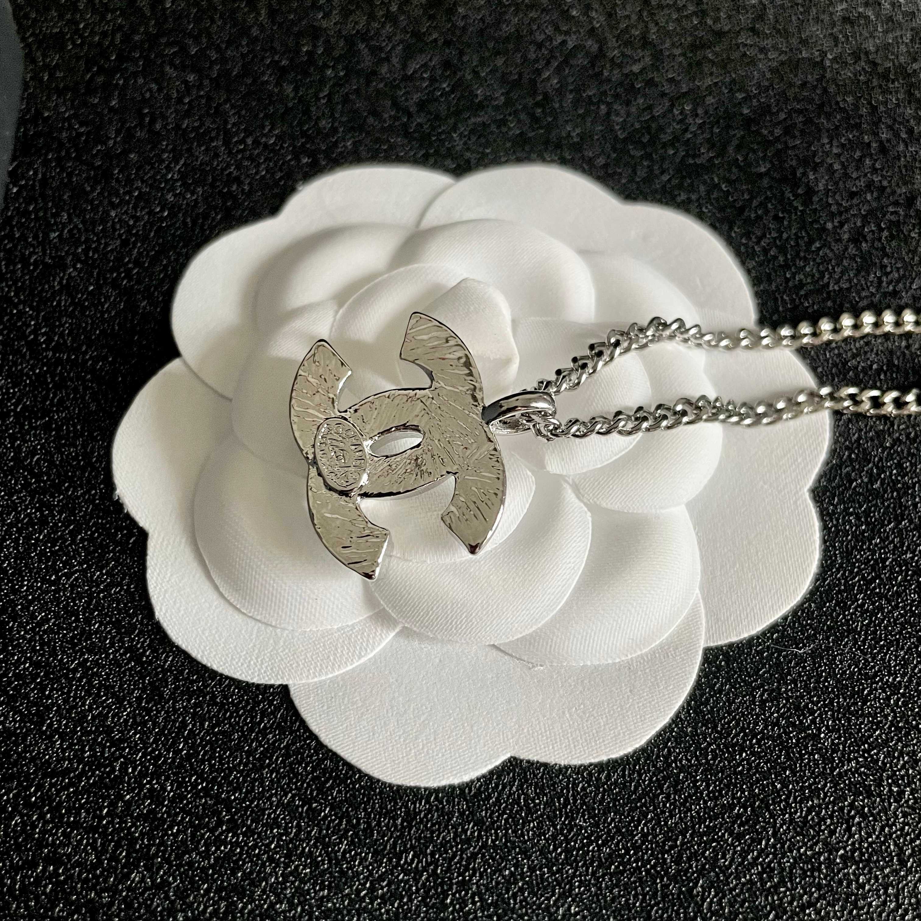 Elegant Silver CC Pendant Necklace with Black Enamel Inlay