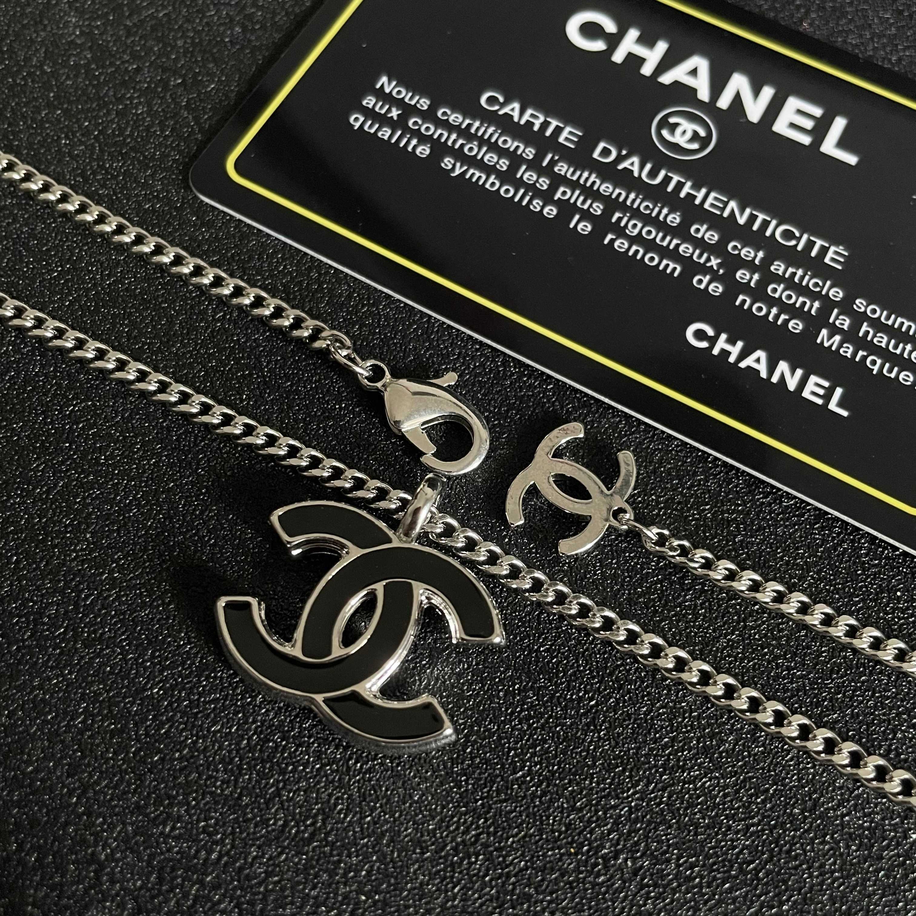 Elegant Silver CC Pendant Necklace with Black Enamel Inlay