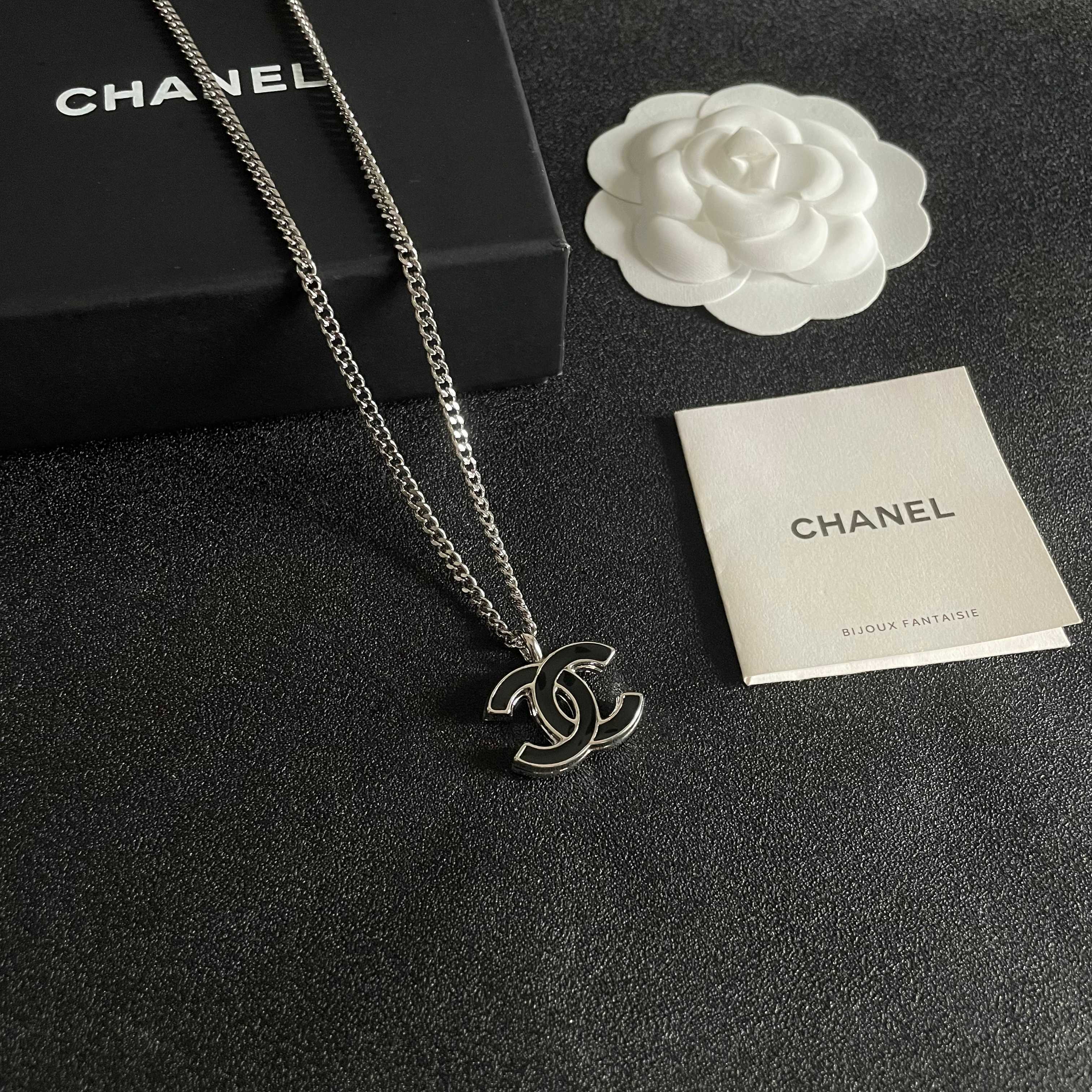 Elegant Silver CC Pendant Necklace with Black Enamel Inlay