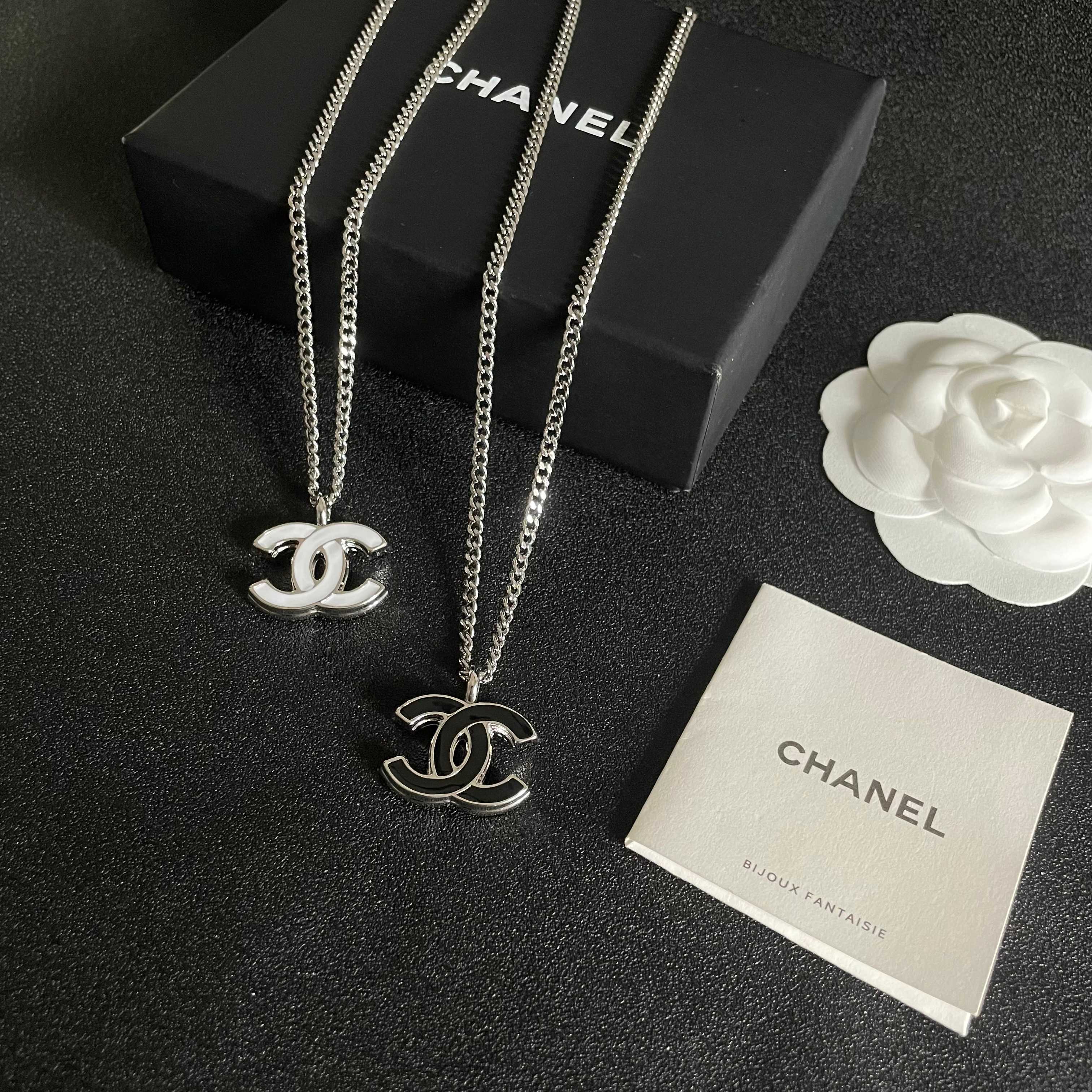 Elegant Silver CC Pendant Necklace with Black Enamel Inlay