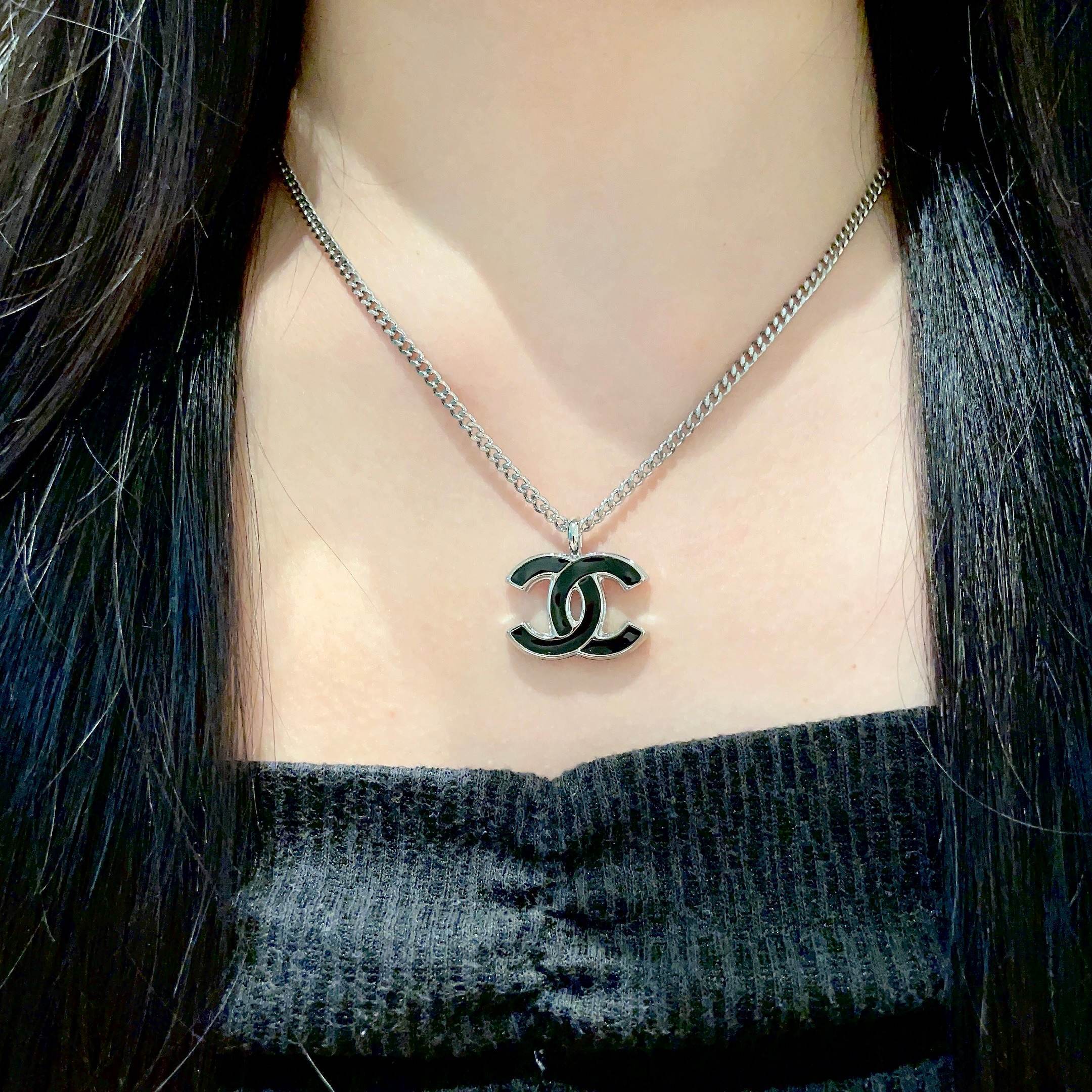 Elegant Silver CC Pendant Necklace with Black Enamel Inlay