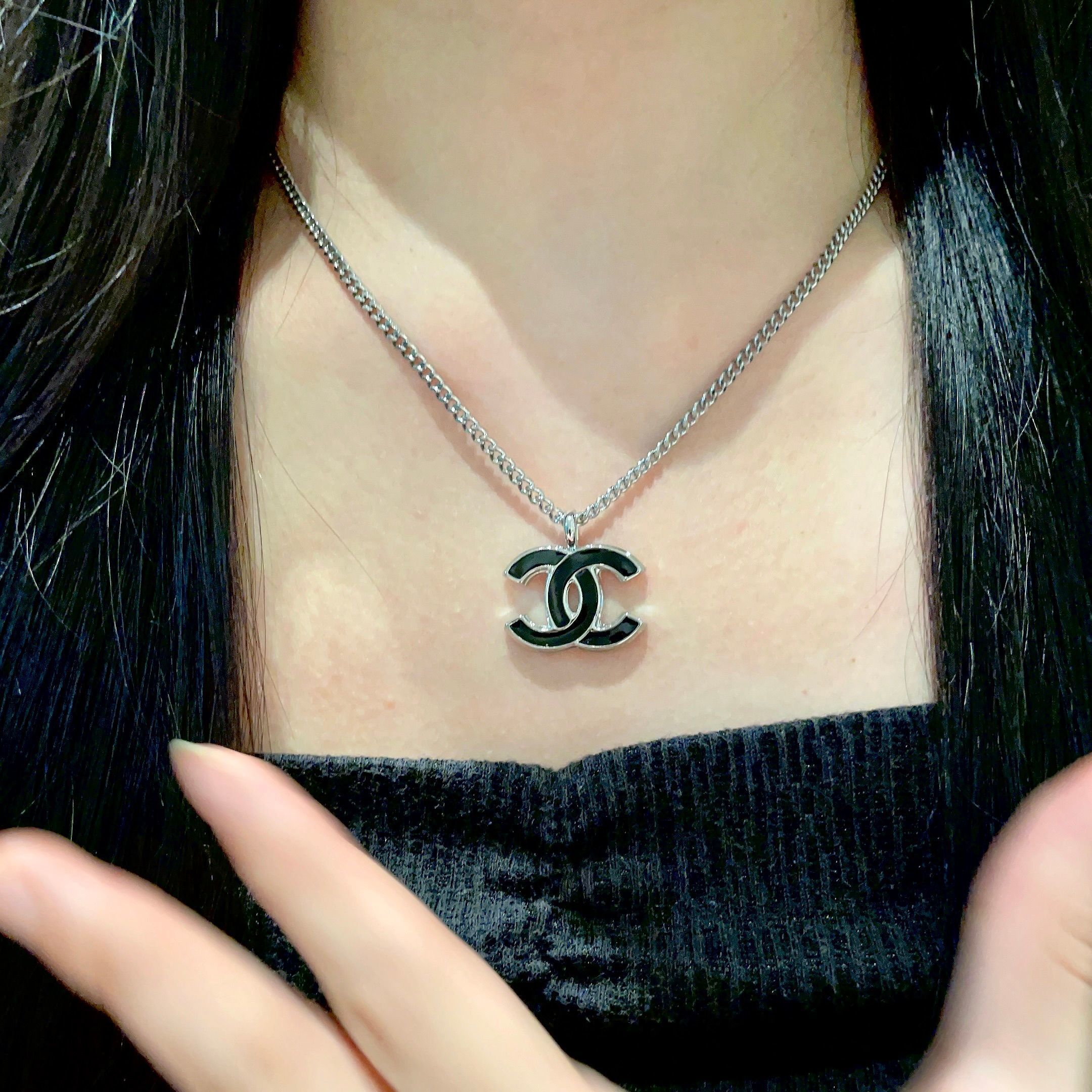 Elegant Silver CC Pendant Necklace with Black Enamel Inlay