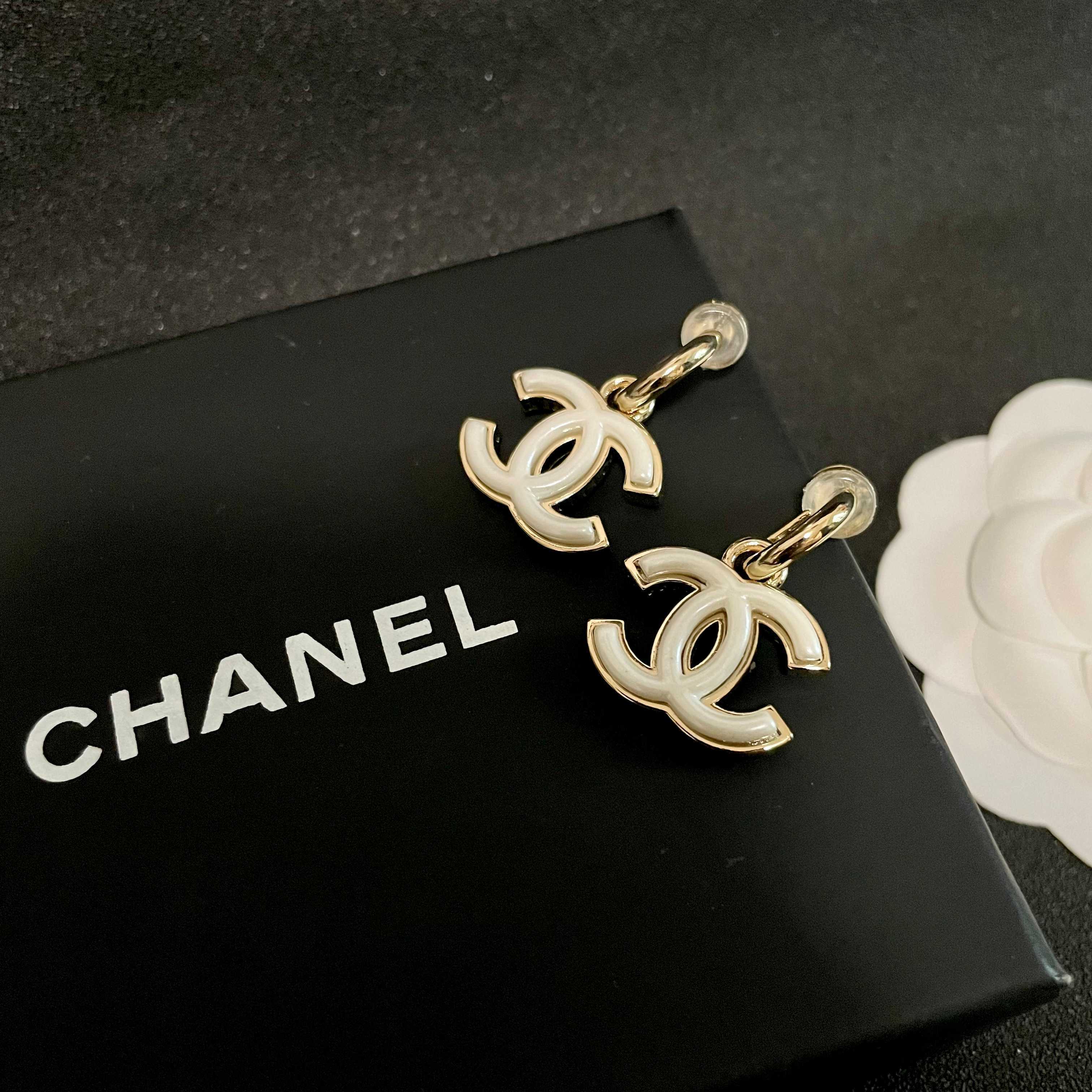Elegant Gold White Enamel Double C Logo Dangle Earrings for Women