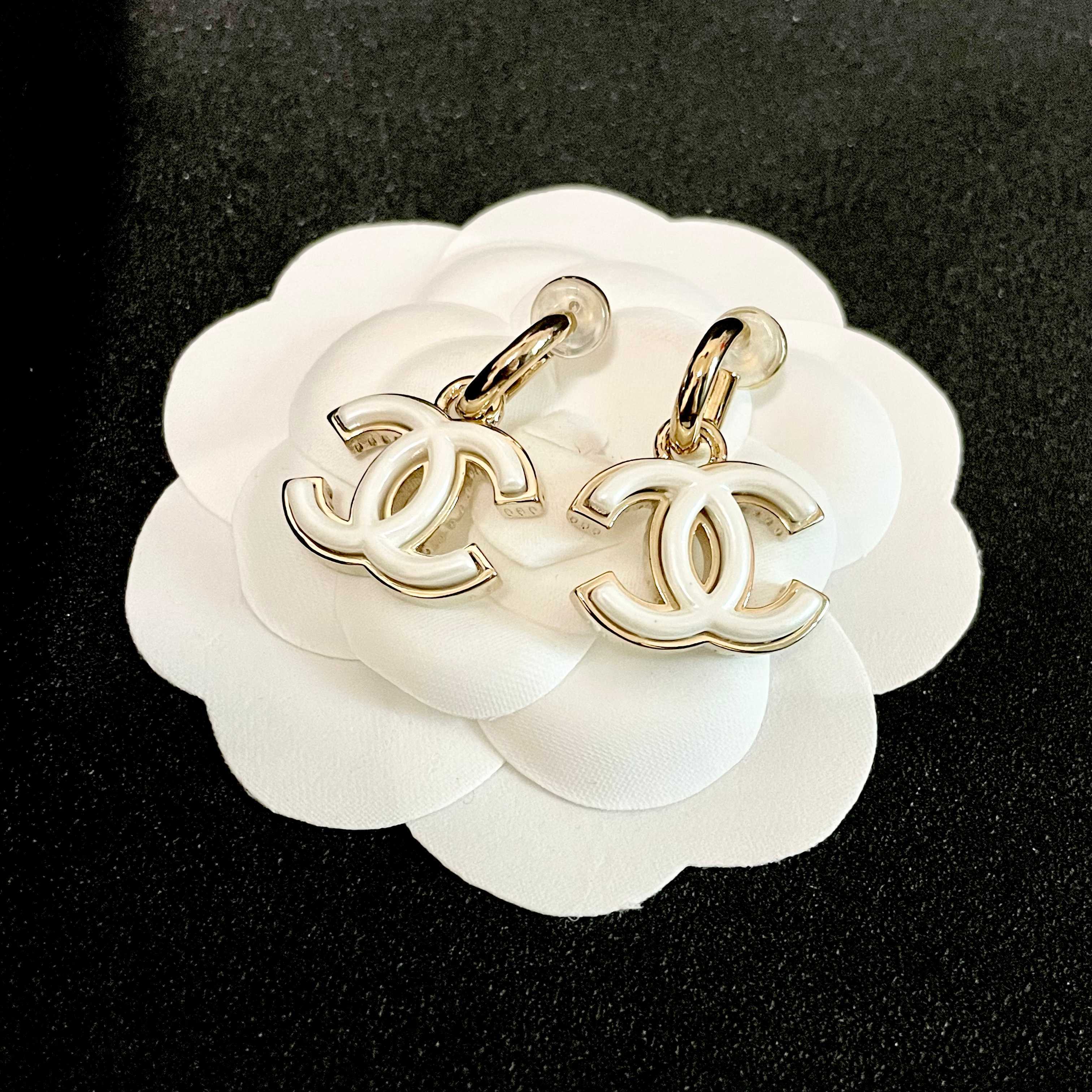 Elegant Gold White Enamel Double C Logo Dangle Earrings for Women