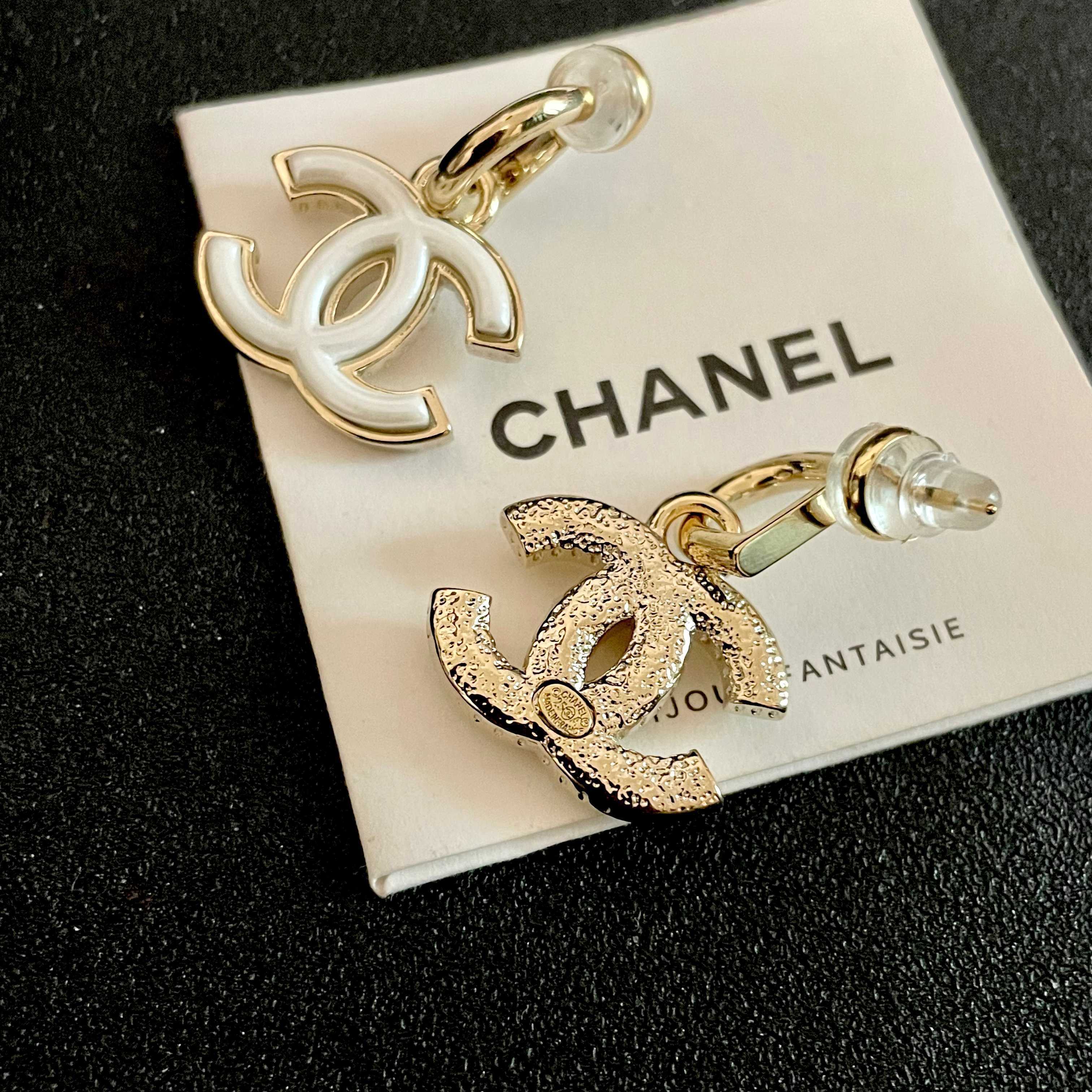 Elegant Gold White Enamel Double C Logo Dangle Earrings for Women