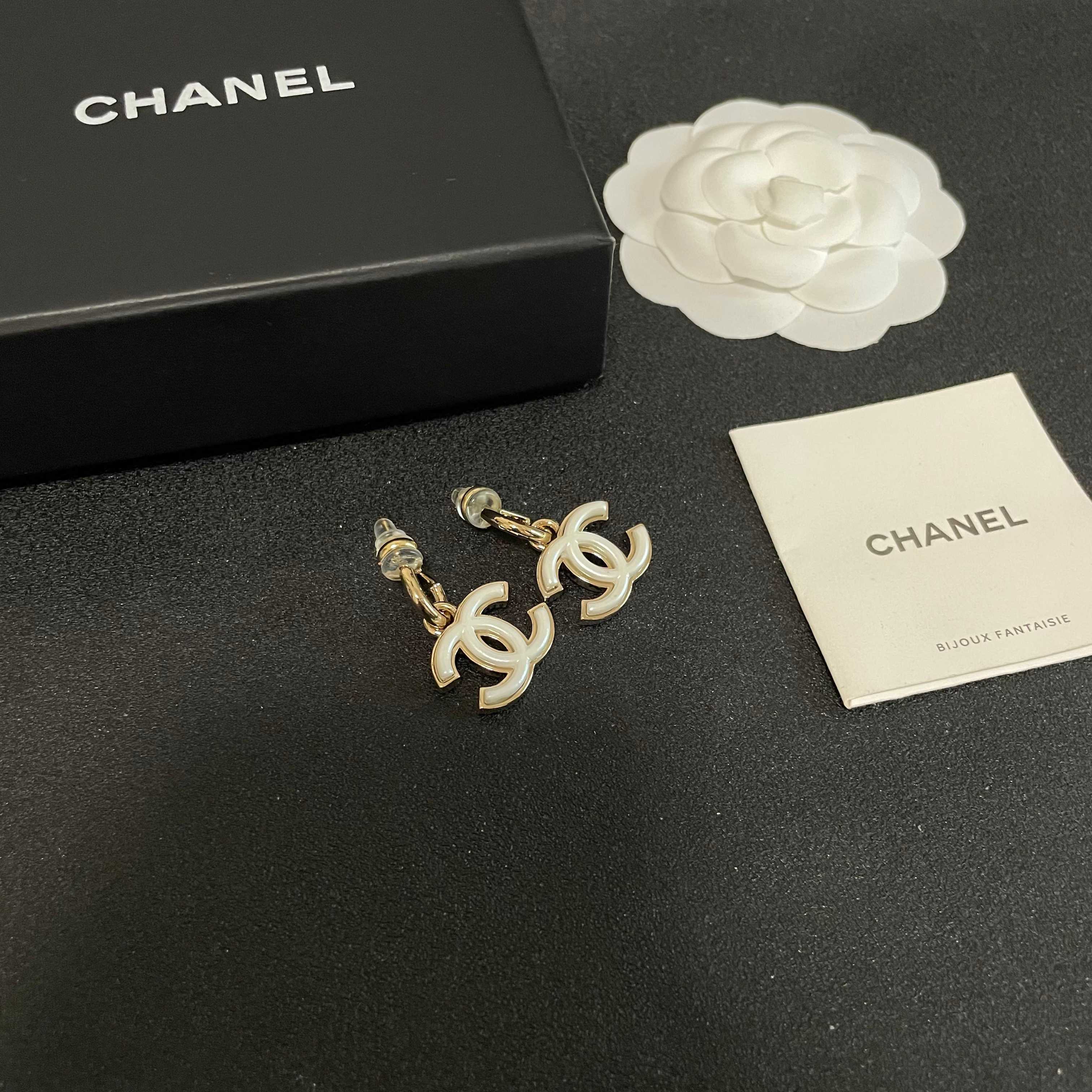 Elegant Gold White Enamel Double C Logo Dangle Earrings for Women